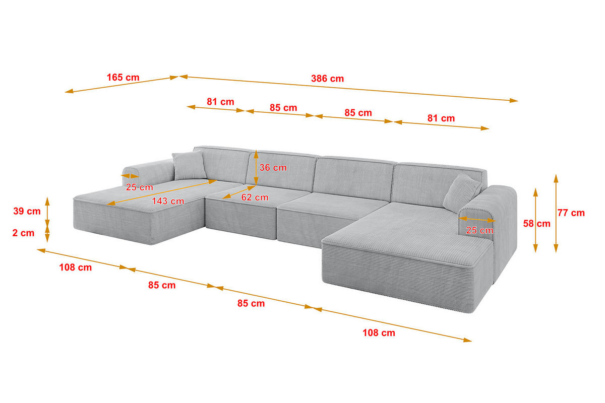 WOHNLANDSCHAFT IREA-U2-v3 - 386x165x77 cm Grau - Hellgrau/Grau, Holzwerkstoff/Textil (386/77/165cm) - ALTDECOR