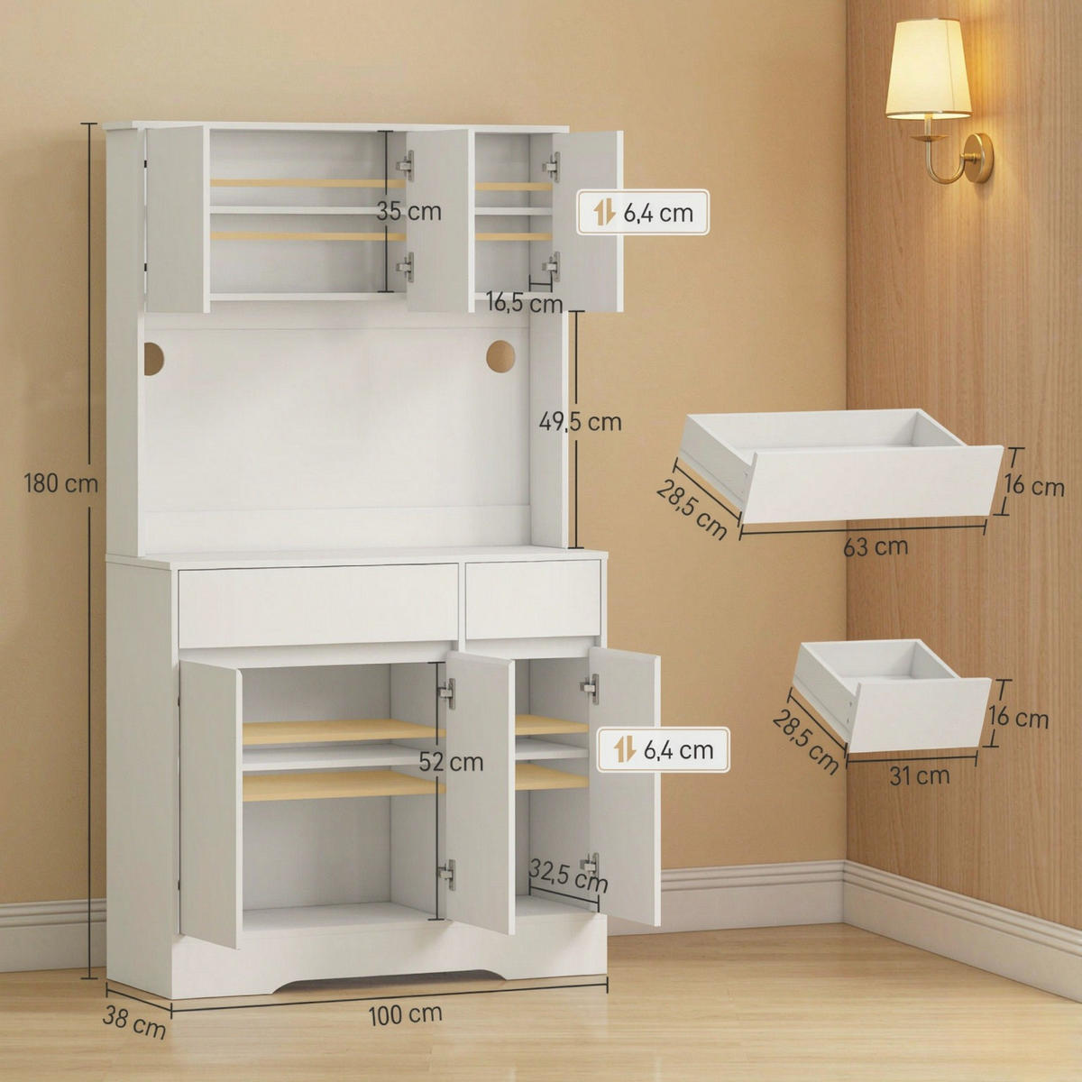 KÜCHENSCHRANK 100/180/38 cm MDF Weiß, 6 Türen und Arbeitsfläche, für Küche und Esszimmer - Weiß, Holzwerkstoff (38/180/100cm) - Rolipo