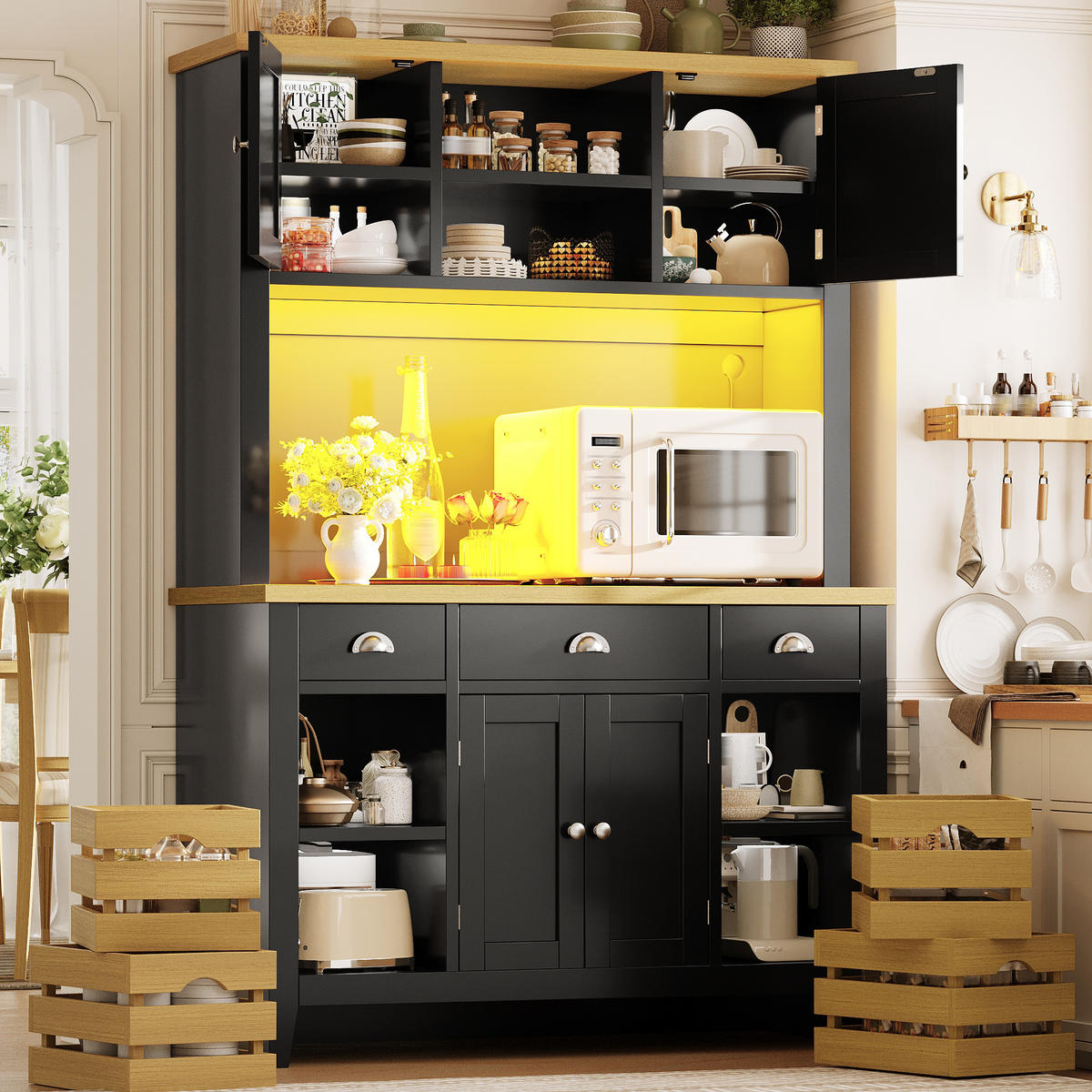 BUFFET DE-38498 120/40/188 cm mit Soft-Close-Türen Schwarz - Schwarz, Holzwerkstoff (120/188/40cm) - ComfortXL