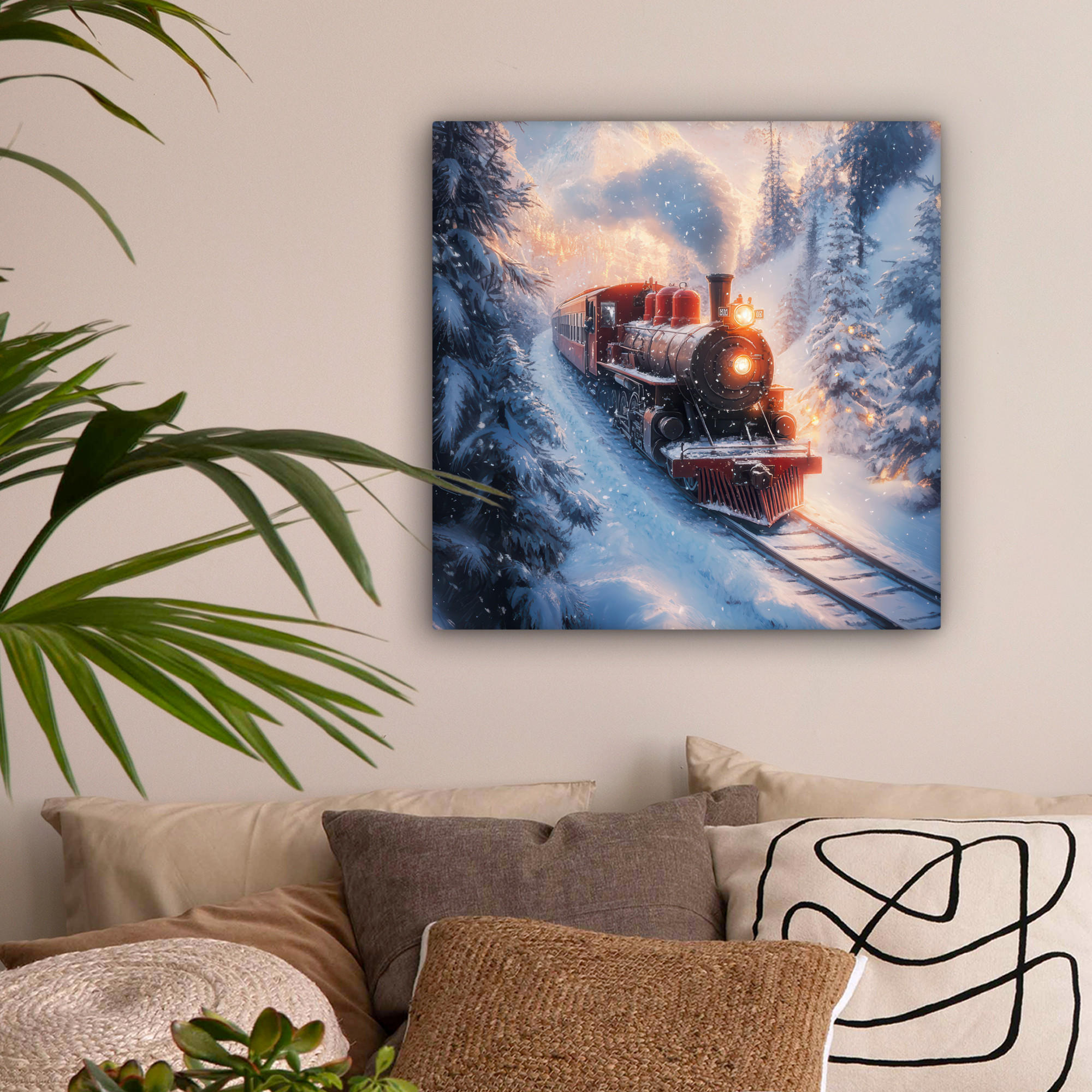 LEINWANDBILD Weihnachtszug - Schnee - Winter - Weihnachten 50x50 cm - Dunkelrot, Textil (50/50cm) - MuchoWow