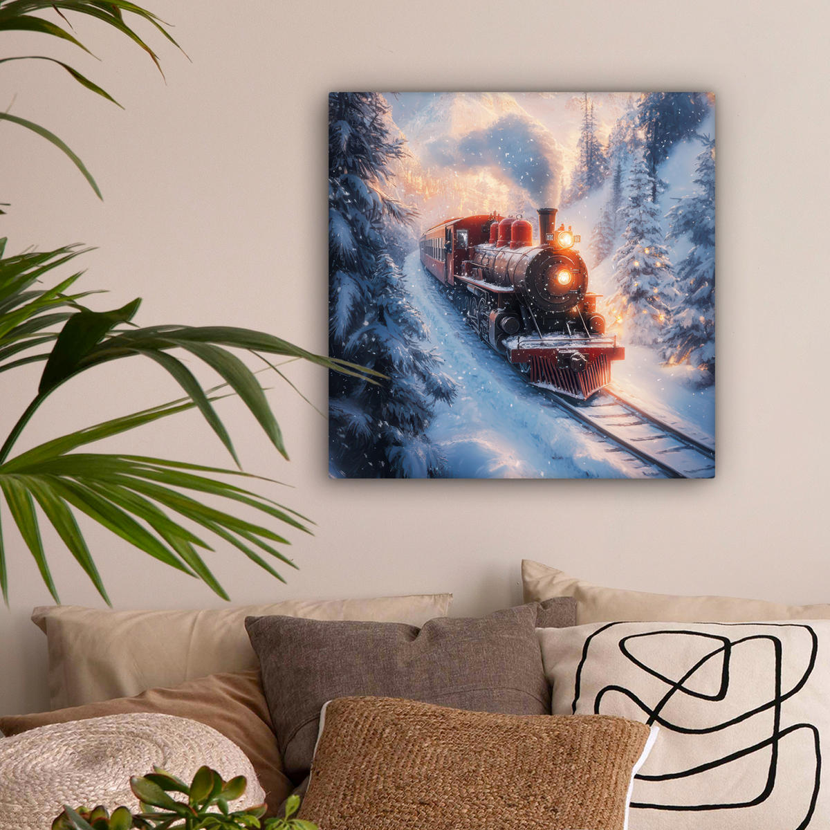 LEINWANDBILD Weihnachtszug - Schnee - Winter - Weihnachten 50x50 cm - Dunkelrot, Textil (50/50cm) - MuchoWow