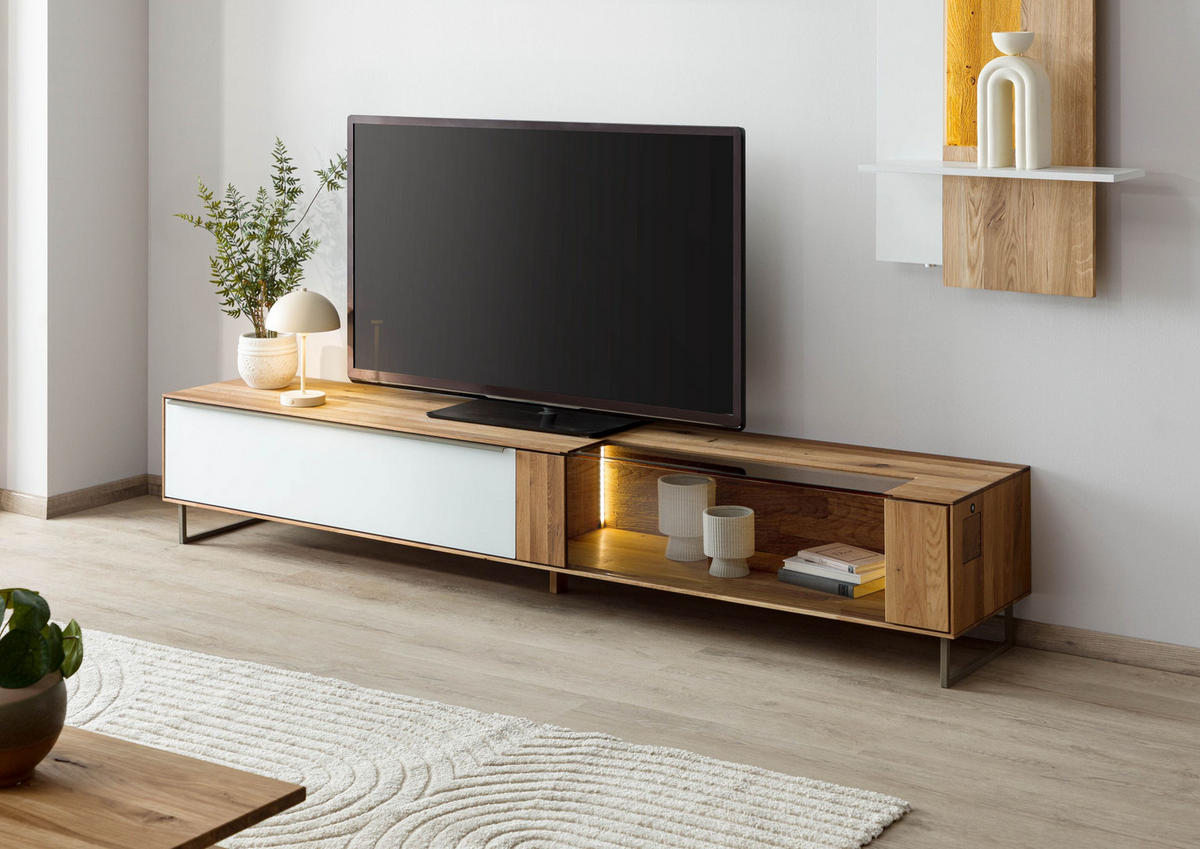 LOWBOARD Wildeiche 200x43x42 natur geölt / Glas weiß WIEN #114 - Naturfarben/Weiß, Holz (200/42/43cm) - Massivmoebel24