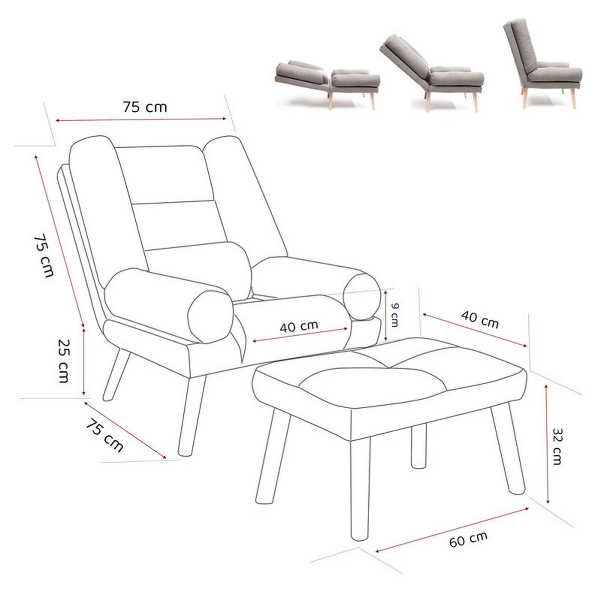 RELAXSESSEL LILA mit hocker, 75/75/100 cm, Creme - Creme, Holz/Textil (75/100/75cm) - Idohome