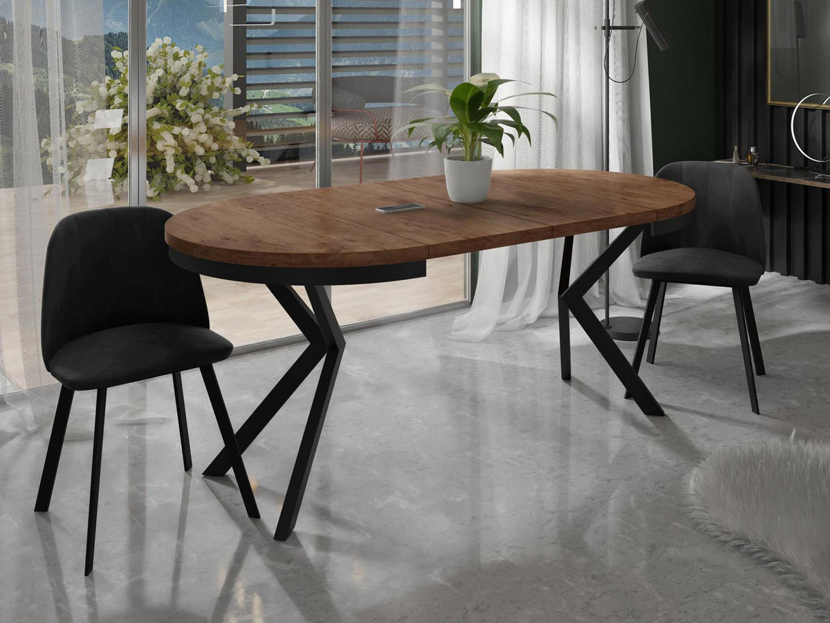ESSTISCH Ross runder ausziehbarer, Lefkas Eiche 90-170/90/76 cm - Alteiche/Schwarz, Holzwerkstoff/Metall (90/90/76cm) - WFL GROUP