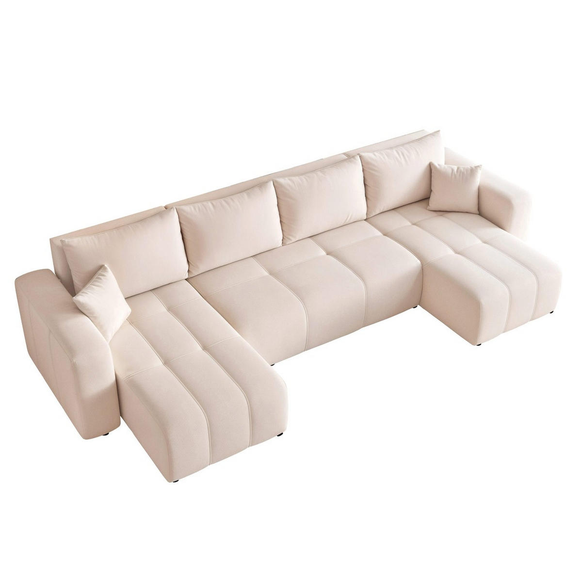 WOHNLANDSCHAFT U-Form Velours mit Bettkasten und Schlaffunktion - Creme, Holzwerkstoff/Textil (318/79/145cm) - Idohome