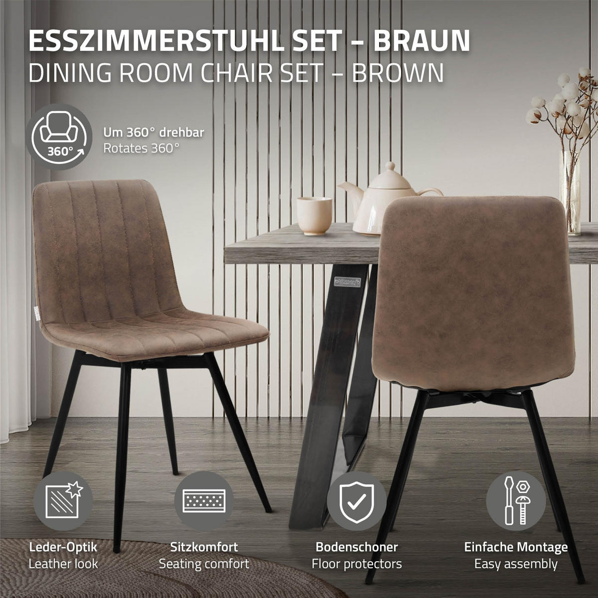 ESSZIMMERSTÜHLE 2er Set drehbar Küchenstühle gepolstert aus Kunstleder Braun - Schwarz/Braun, Textil/Metall (43/81/52cm) - ML-DESIGN
