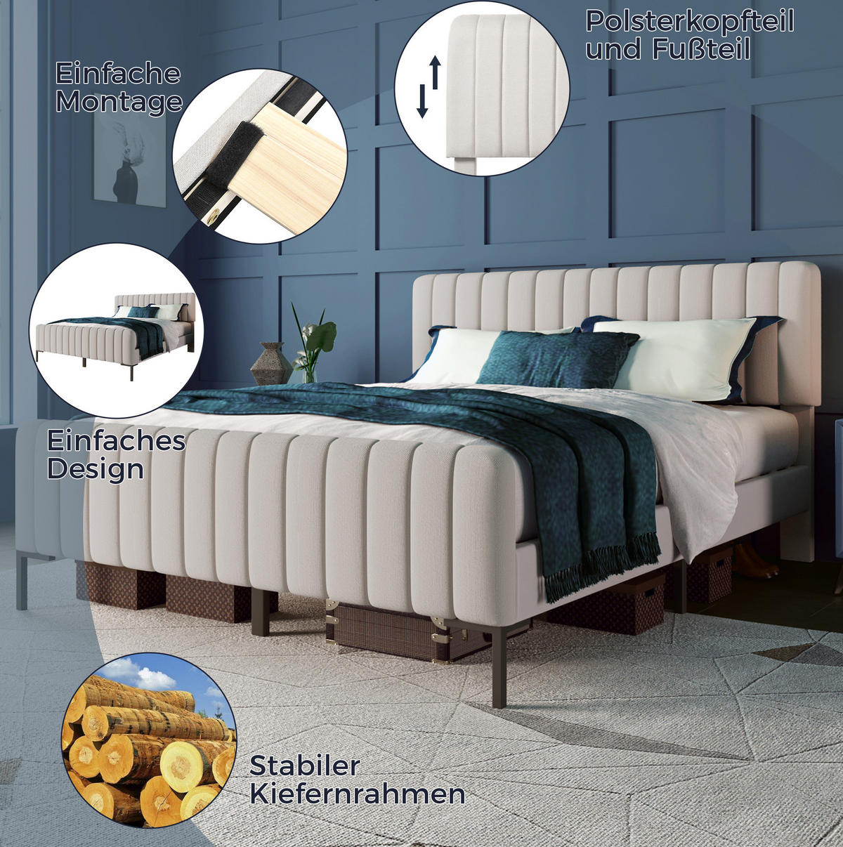 POLSTERBETT 140/200 cm Grau-Beige aus Leinen mit verstellbarem Kopfteil - Grau, Textil (140/200cm) - OKMYHOME