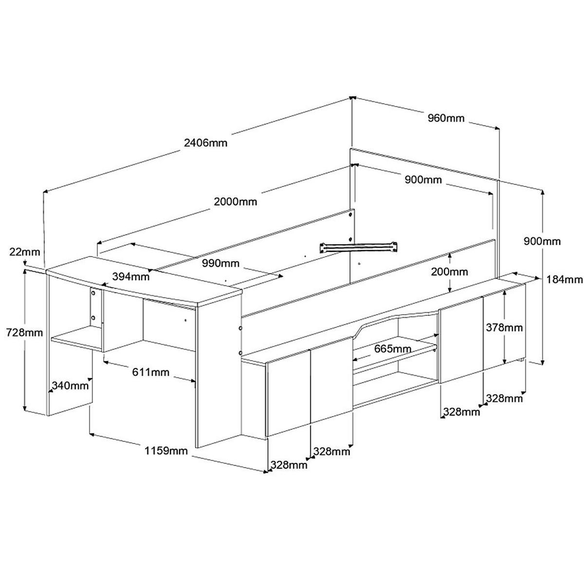 HOCHBETT Parisot Cleo 90x200 mit Schreibtisch Holznachbildung Weiß - Weiß, Kunststoff (90/200cm) - 58aufmkessel