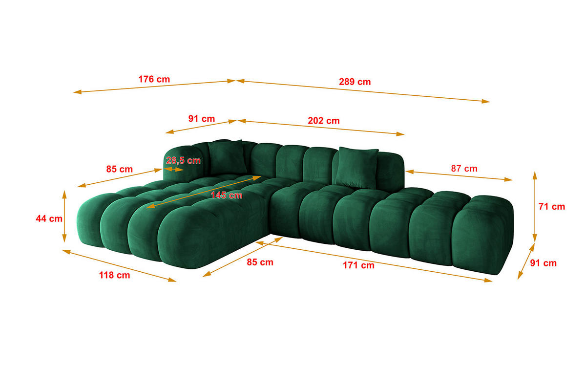 ECKSOFA Ottomane Links OLEA-L2 - 289x176x71 cm Dunkelgrün - Dunkelgrün/Schwarz, Holzwerkstoff/Kunststoff (289/176cm) - ALTDECOR