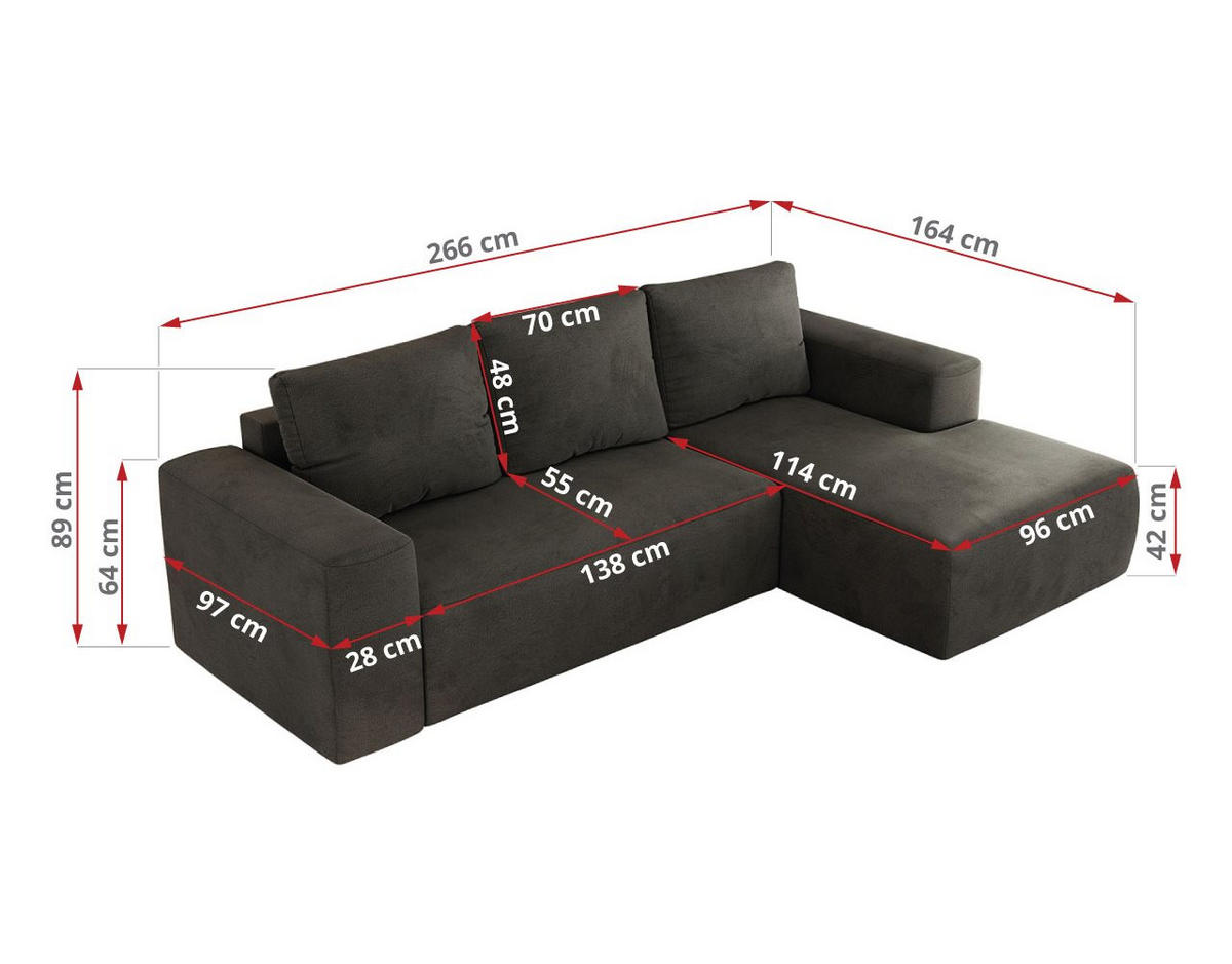 ECKSOFA TRENTINO L Dunkelgrau Velvet - Links - Dunkelgrau/Schwarz, Textil (266/164cm) - MKS