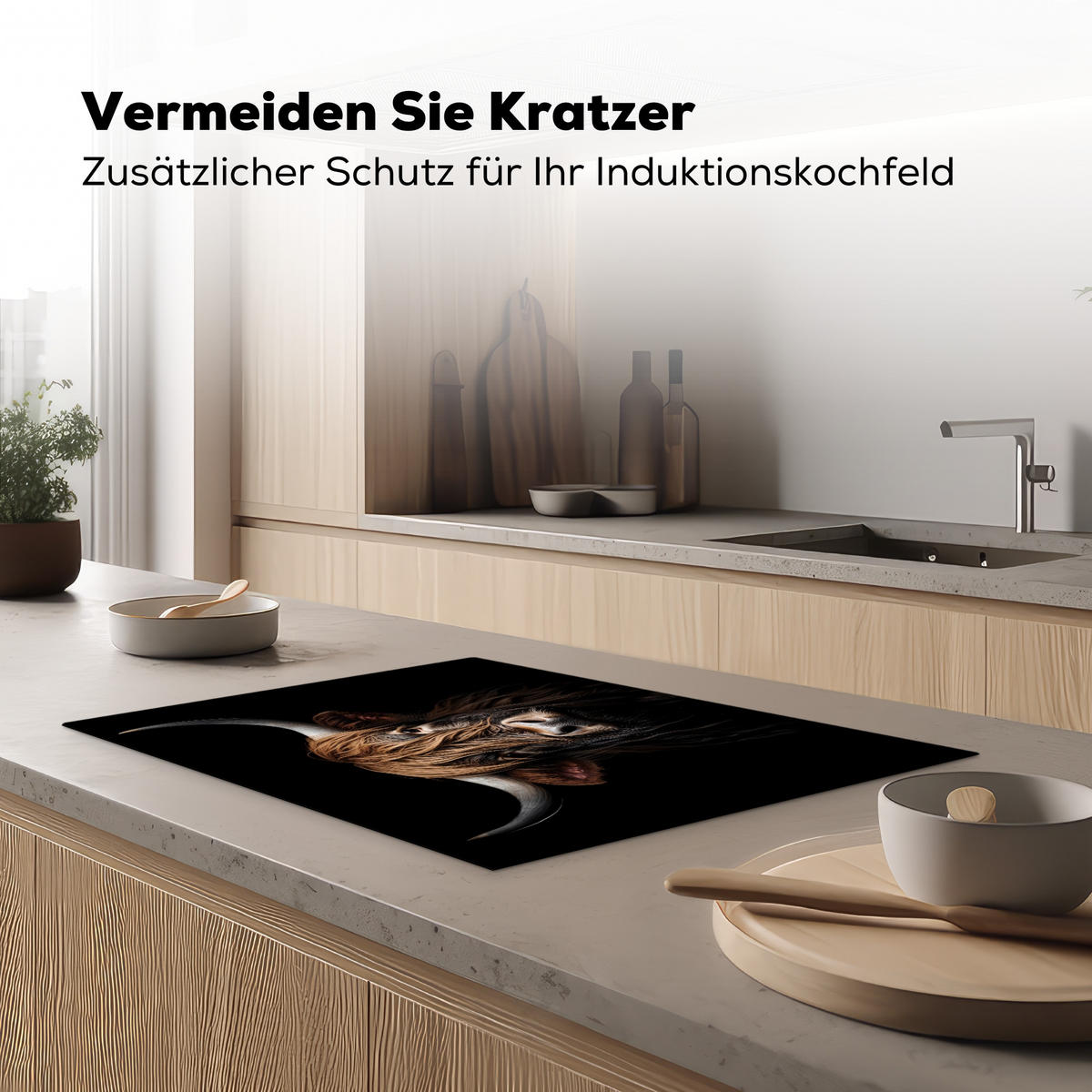 HERDABDECKPLATTE Schottischer Highlander - Porträt - Schwarz - Tier Herdabdeckung Induktionsfeld 75x52 cm - Braun, Kunststoff (75/52/0.2cm) - MuchoWow