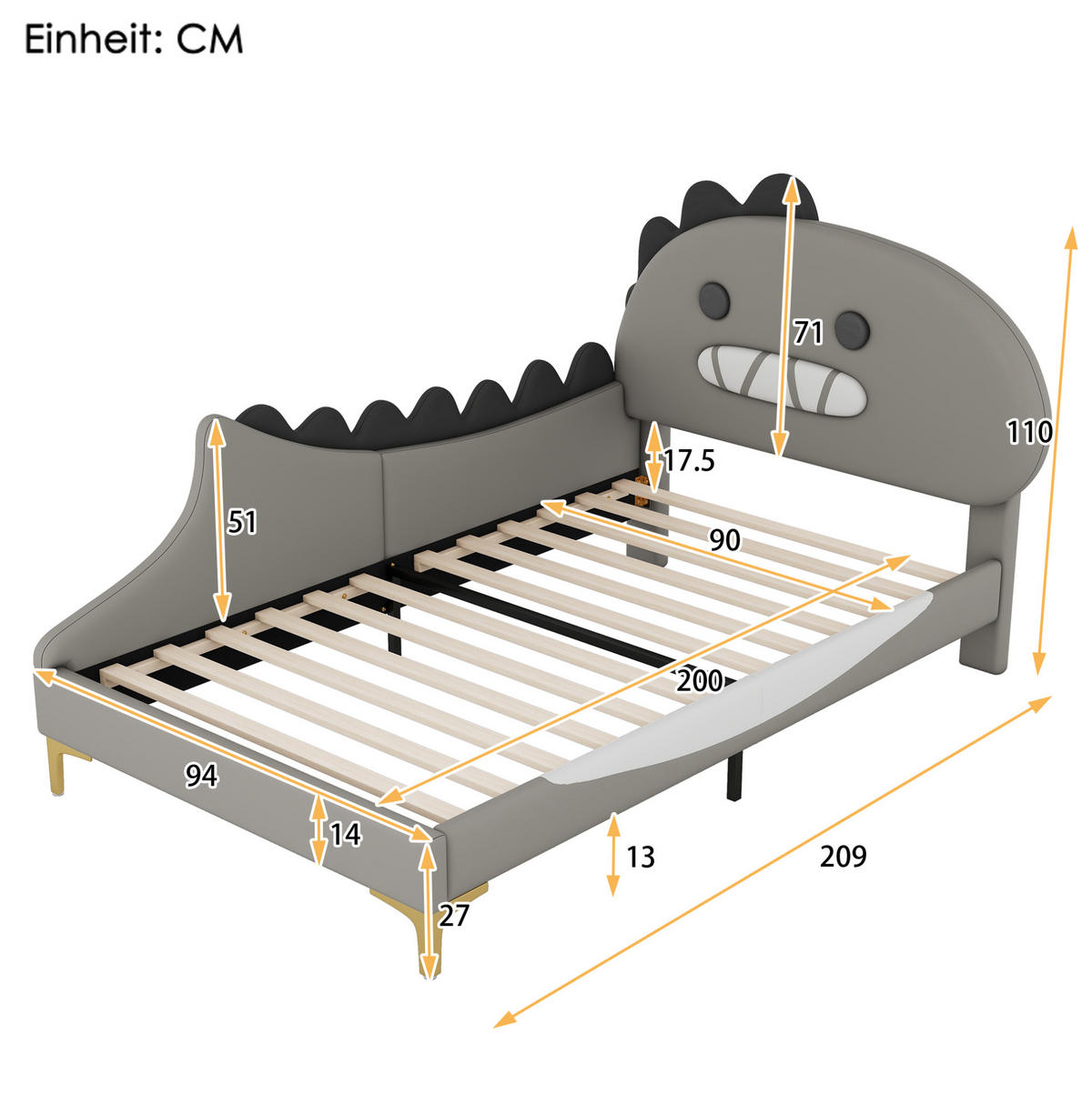 KINDERBETT 90/200 cm Grau aus PU und MDF mit Dinosaurier-Design - Grau, Kunststoff (90/200cm) - OKMYHOME