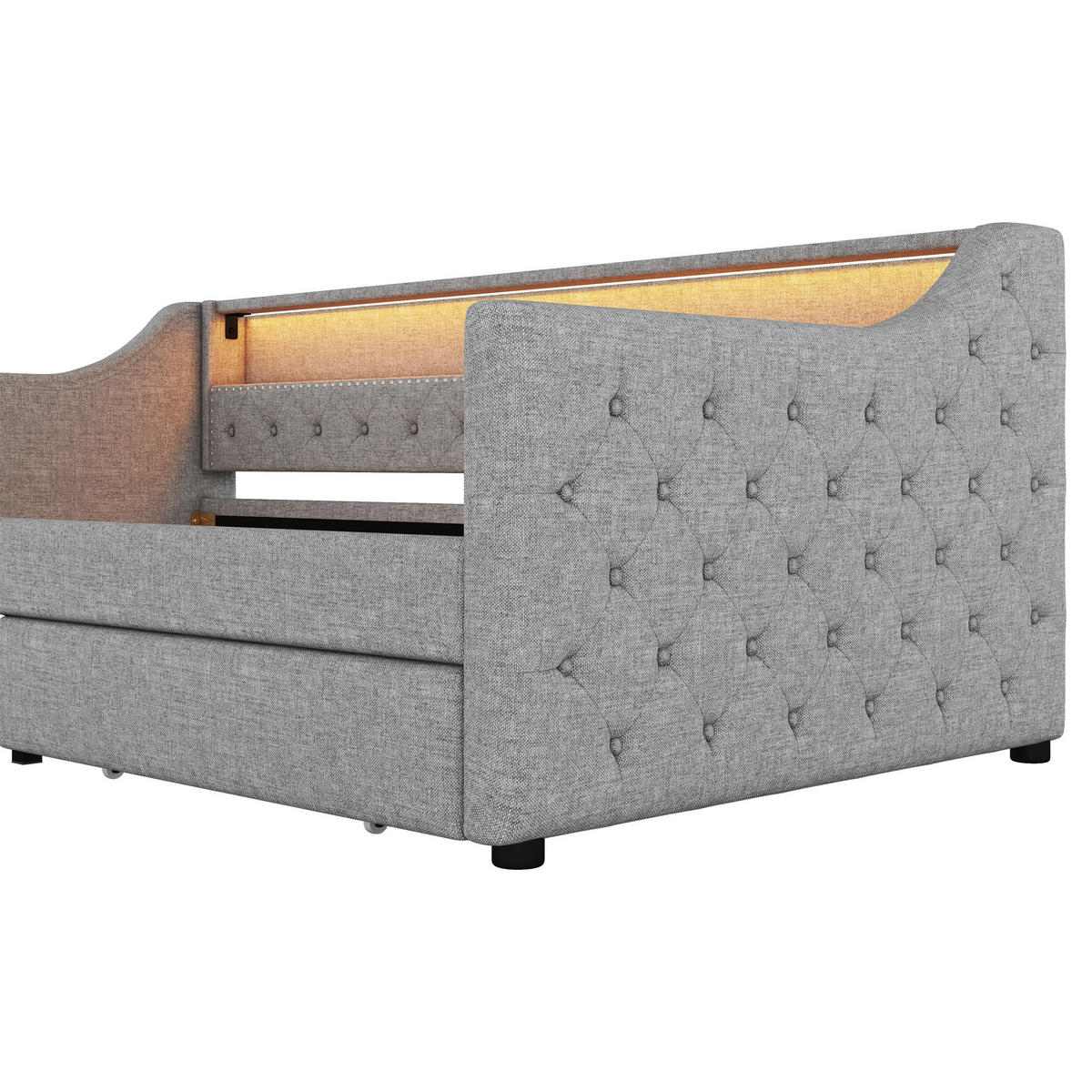 TAGEBETT 90x200cm Grau Leinen Ambientelicht 2 Schubladen USB - Grau, Holz (90/200cm) - FLIEKS