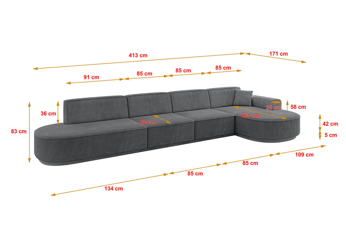 ECKSOFA Ottomane Rechts MARI-L3-v3 - 413x171x83 cm Dunkelgrau Cord - Dunkelgrau/Schwarz, Holzwerkstoff/Kunststoff (171/413cm) - ALTDECOR