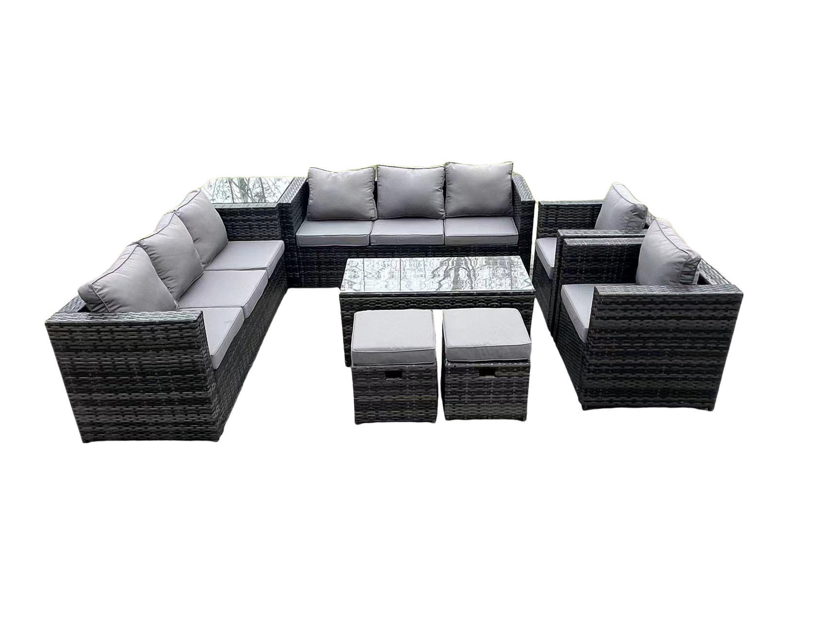 GARTENSOFA Hohe Rückenlehne Polyrattan 10-Sitzer - Dunkelgrau/Grau, Glas/Kunststoff - Fimous