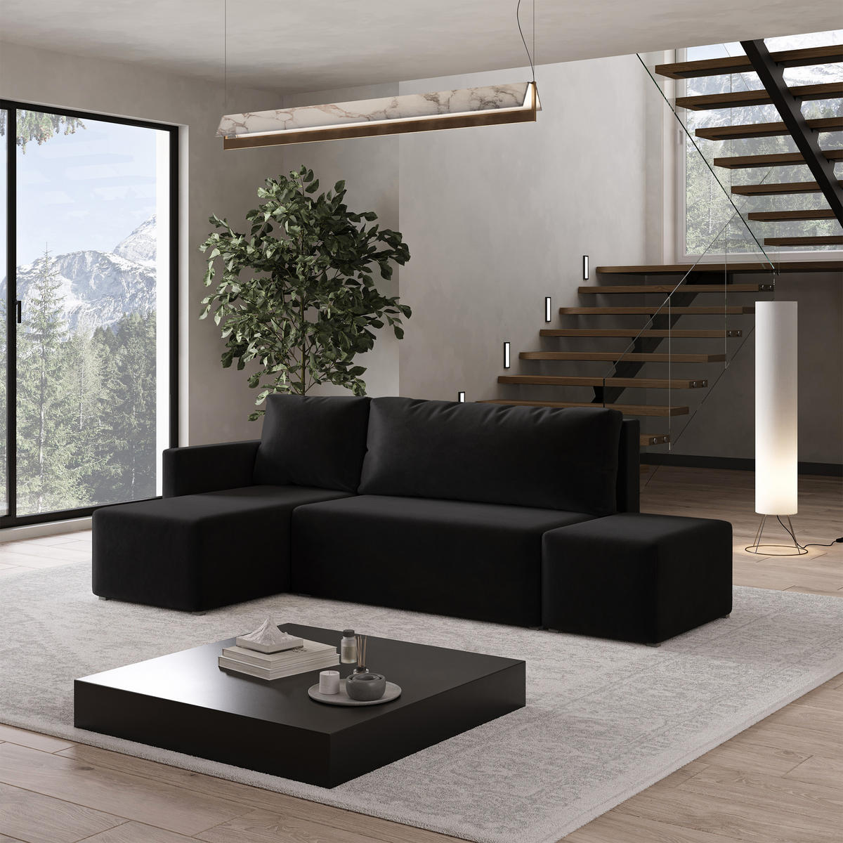 ECKSOFA VELOTTI L-S Schwarz Plüsch-Stoff mit Schlaffunktion - Schwarz, Holz (261/143cm) - MASSENO