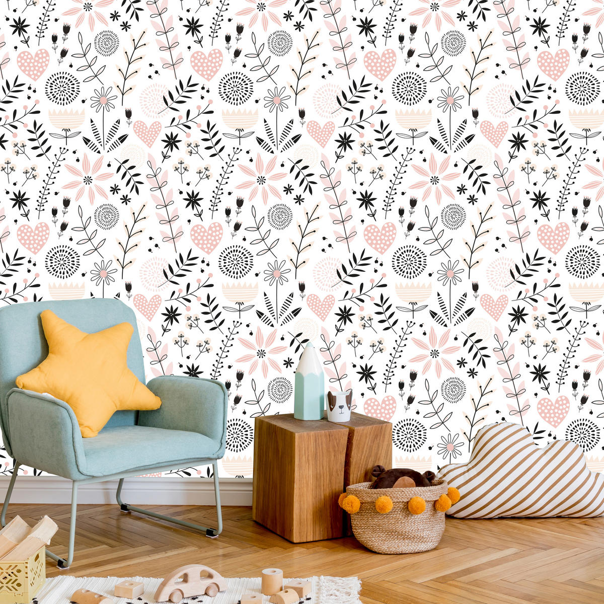 VLIESTAPETE Blumen, Herzen und Blätter – Rosa, Grau, Weiß – 50x1000 cm - Rosa/Weiß, Papier (50/1000cm) - Muralo