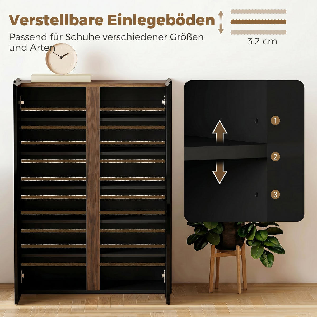 SCHUHSCHRANK Schwarz und Holzoptik - Schwarz, Holzwerkstoff (70/95/33.5cm) - PANGIVO