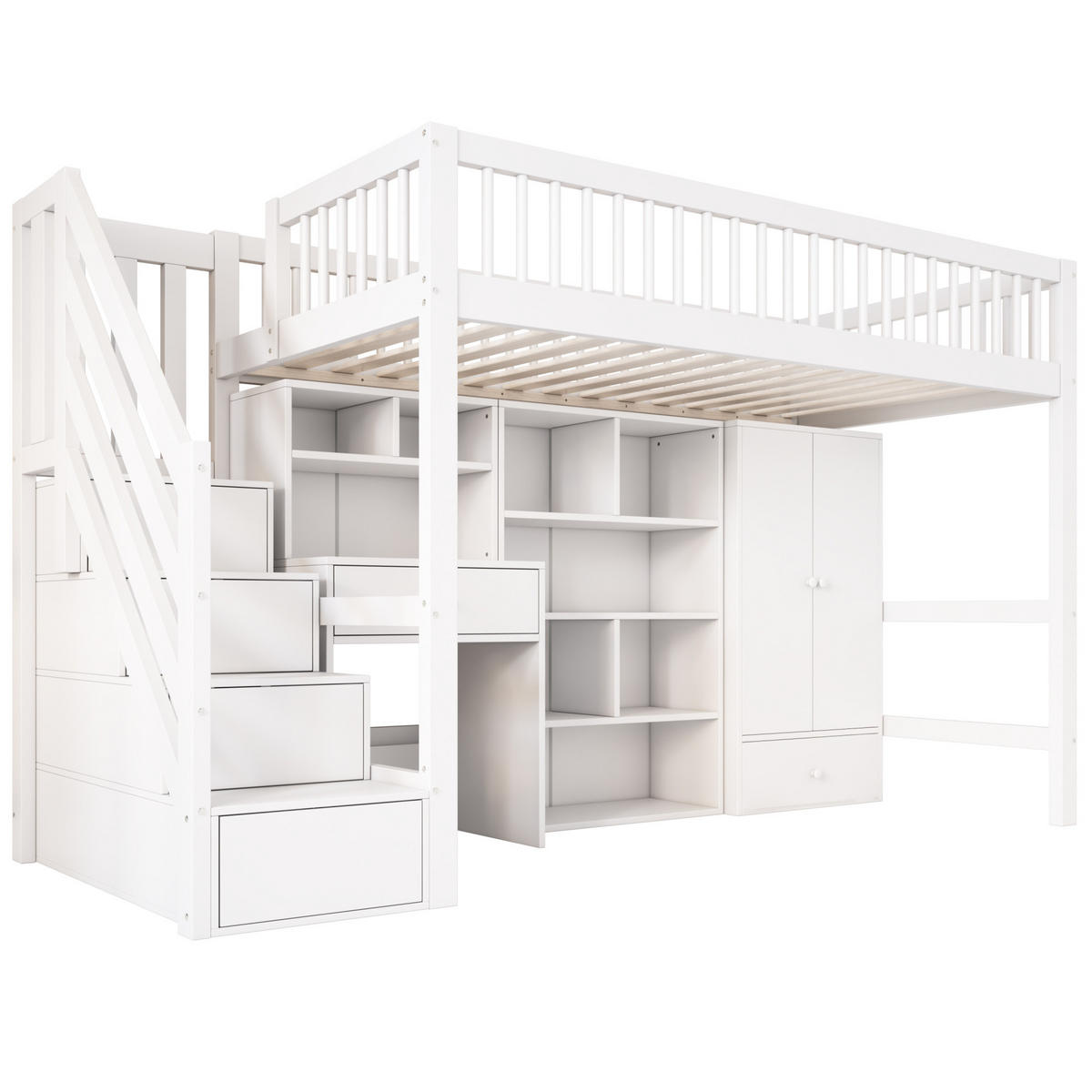 KINDERBETT Hochbett 90/200 cm aus Massivholz und MDF mit Schreibtisch, Stauraumtreppe und Kleiderschrank Weiß - Weiß, Holzwerkstoff (90/200cm) - Modenvie