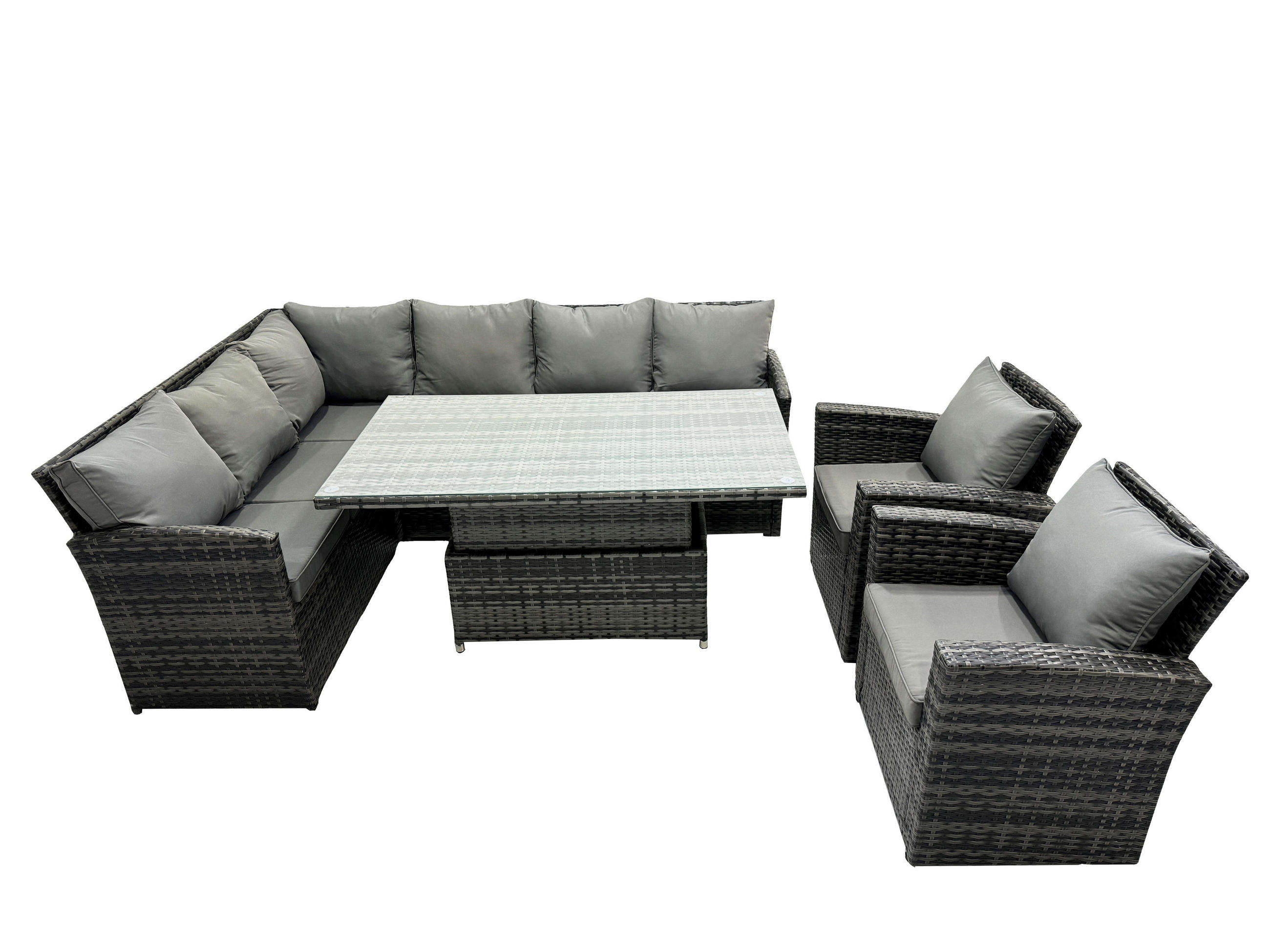 GARTENSET mit Höhenverstellbarer Tisch, 2 Stühle Polyrattan Dunkelgrau 8-Sitzer - Dunkelgrau/Grau, Glas/Kunststoff - Fimous