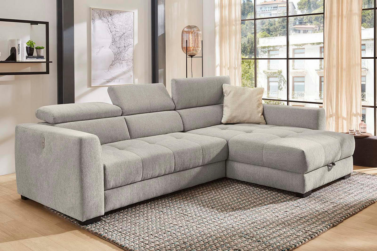 ECKSOFA mit elektrischer Sitztiefenverstellung, Kopflehnen verstellbar, USB-Ladefunktion, Bettkasten B300/T196/H103 cm, Chenille Grau / 15408 - Schwarz/Grau, Kunststoff/Textil (300/196cm) - luma-home