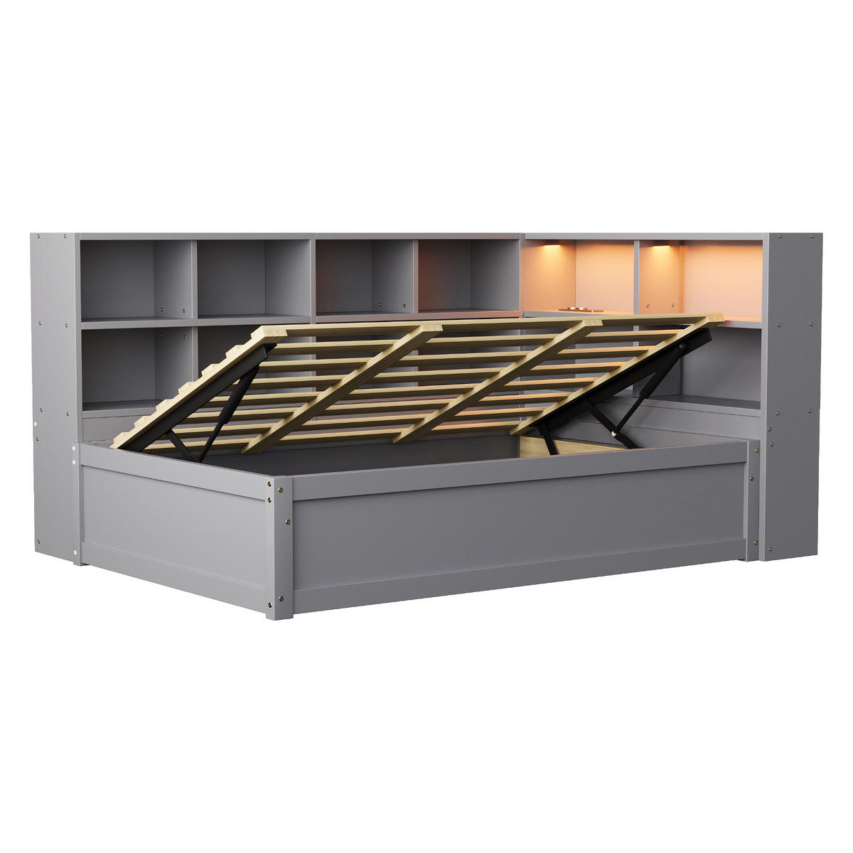 BETT mit hydraulischem Bett und LED-Beleuchtung Grau 90/200 cm - Grau, Holz (90/200cm) - OKWISH