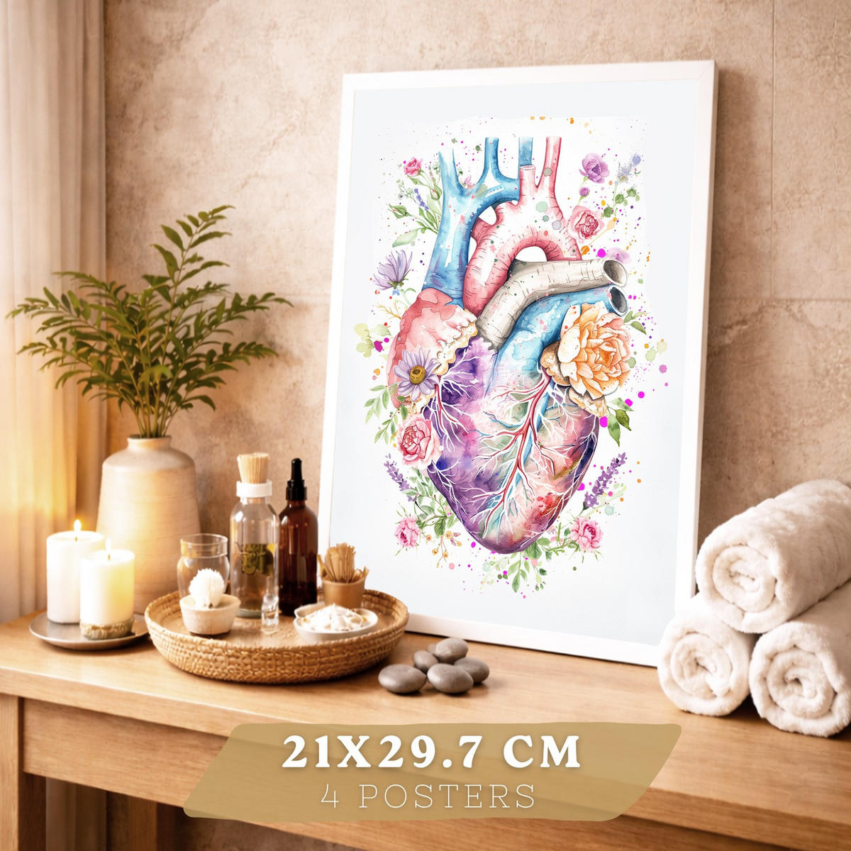 POSTER Set aus 4 Anatomie Mensch Drucke und mit Herz Gehirn Lungen Luftröhre Bronchien Wirbelsäule Florales Aquarell Design Größe Weißer Rahmen A4 - Weiß, Papier (21/29.7/3cm) - Nacnic
