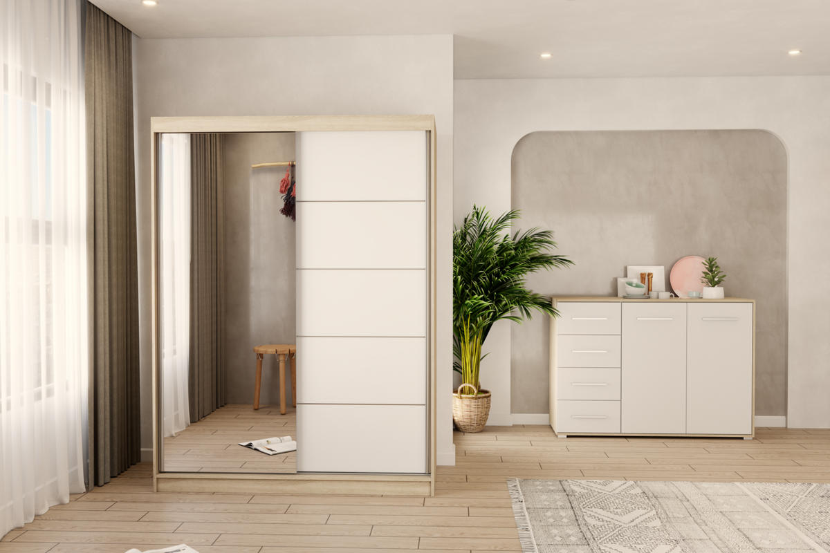 KOMMODE - Highboard IRYS 01 2D4S Sonoma + Weiß - Weiß/Sonoma Eiche, Holzwerkstoff (135/95/45cm) - Möblo