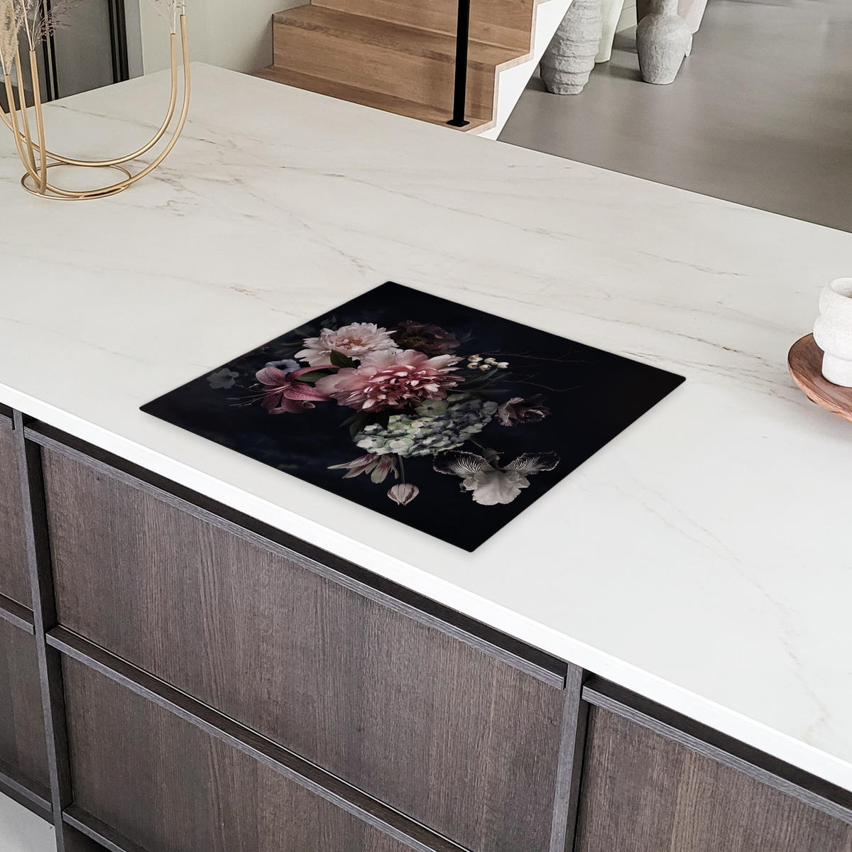 HERDABDECKPLATTE Blumen - Vintage - Pastell - Rosa - Weiß 59x51 cm - Altrosa, Kunststoff (59/51/0.2cm) - MuchoWow