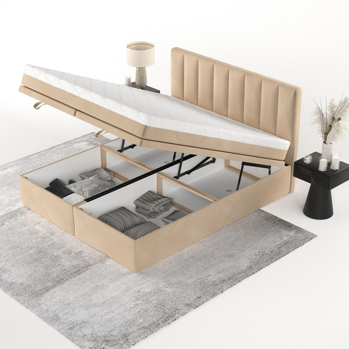 BOXBETT Lume 180/200 cm Beige im Kronos Stoff - Beige/Schwarz, Holz/Holzwerkstoff (180/200cm) - AltaBeds