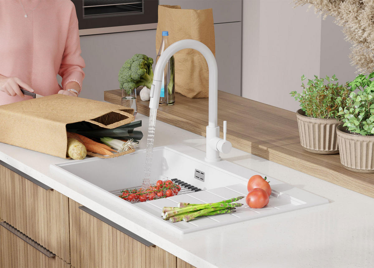 SPÜLBECKEN Sydney, 2-er set Weiß 78/50 cm 1 Becken + Ablauf-Set + Küchenzubehörset ab 50er Unterschrank - Chromfarben/Beige, Kunststoff (78/20/50cm) - Primagran