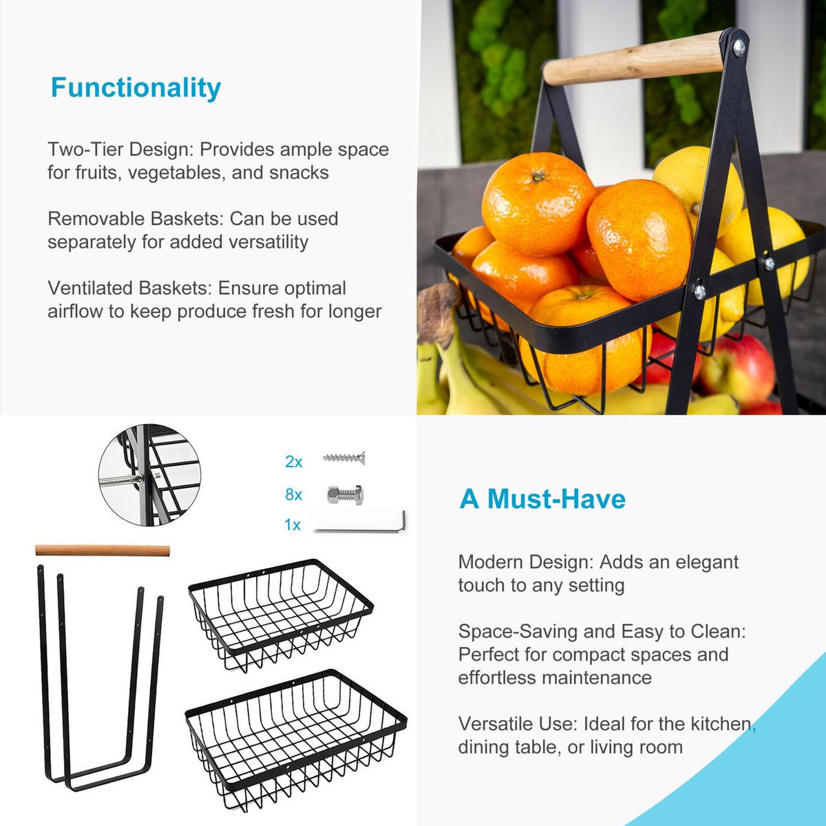 OBSTKORB Etagere 30/35 cm - Schwarz, Metall (6.4cm) - Intirilife