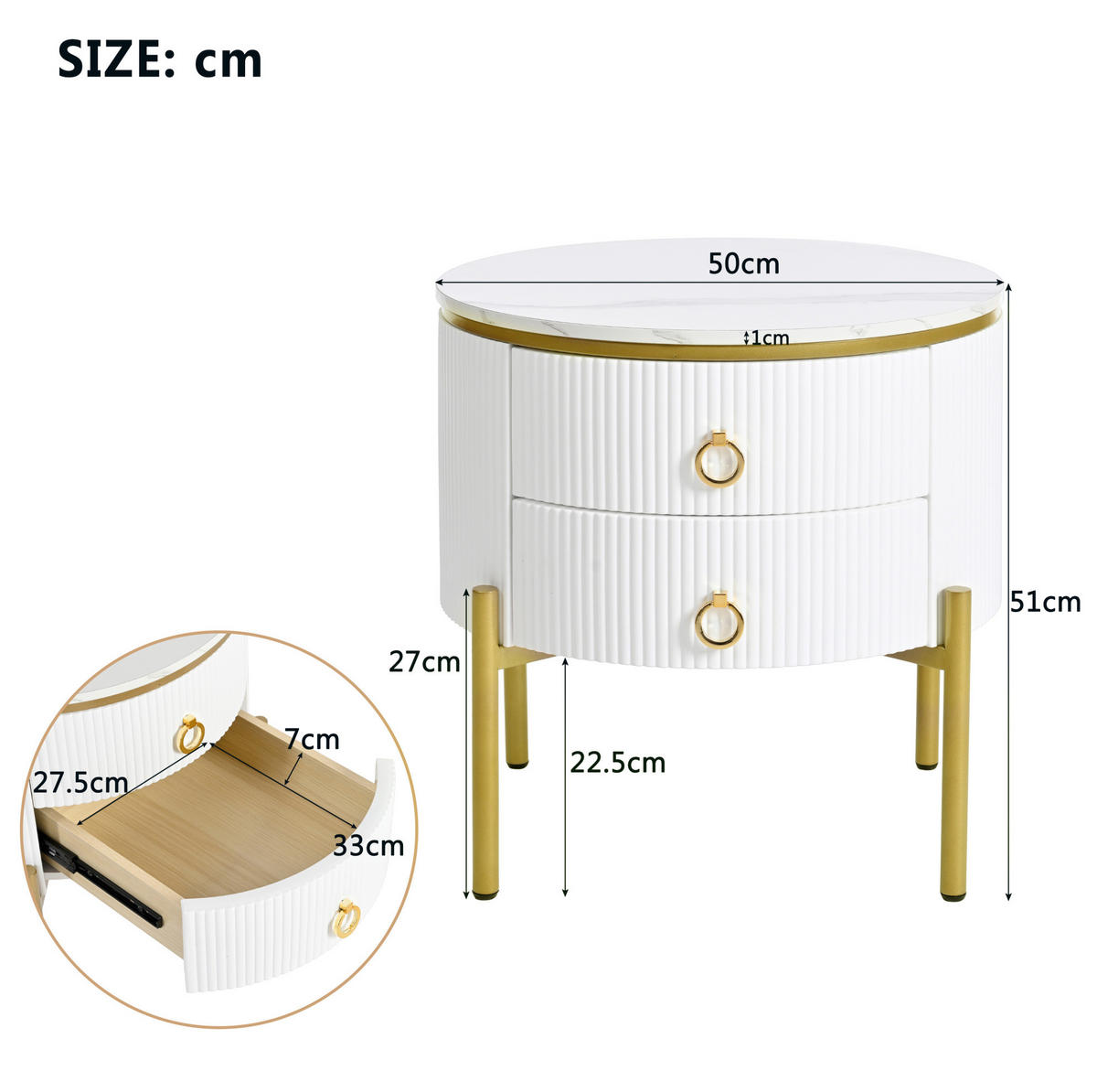 BEISTELLTISCH 50/50/51 cm mit 2 Schubladen, Marmoroptik und verstellbaren Beinen, Weiß/Gold - Weiß, Holzwerkstoff (50/50/51cm) - Redom