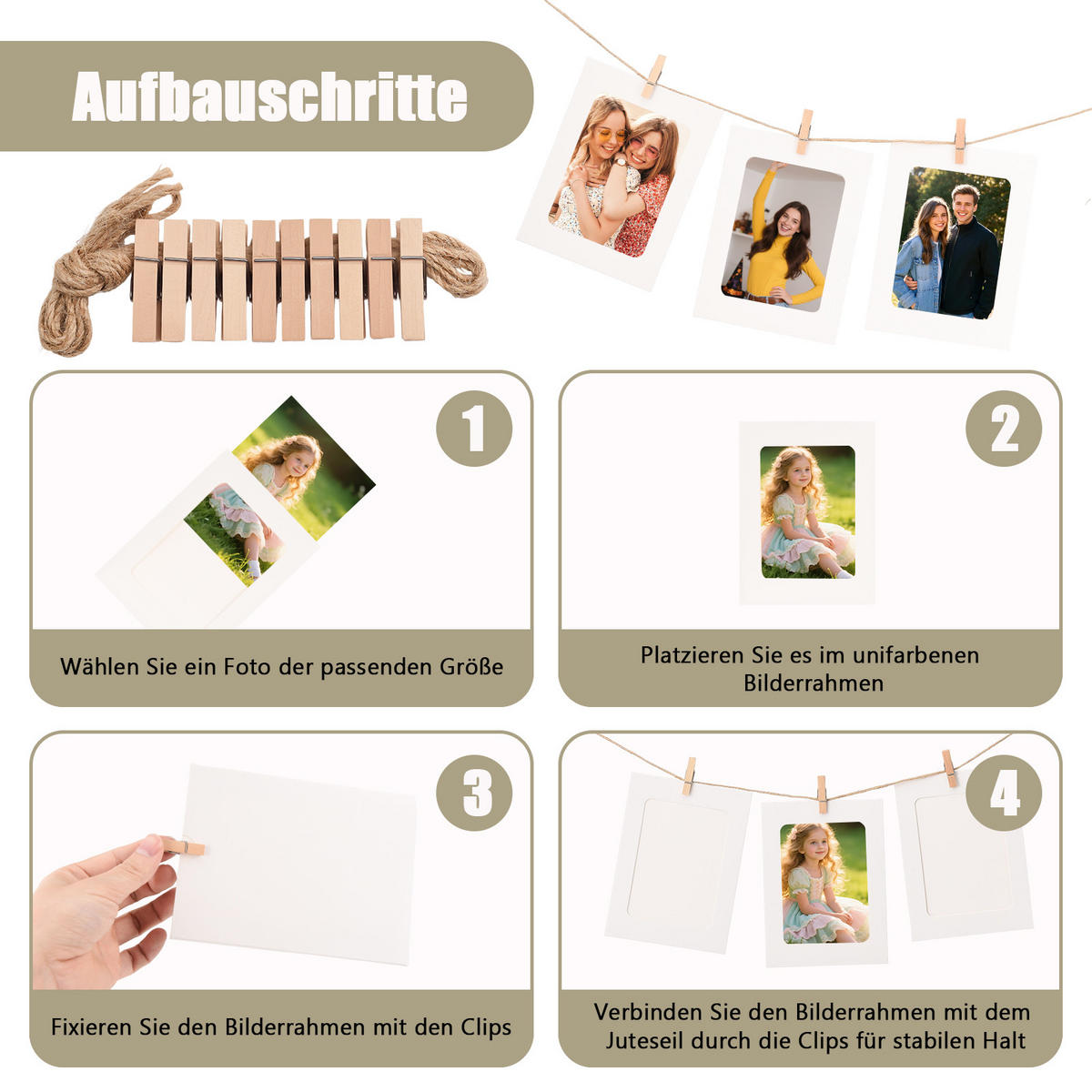 FOTOGIRLANDE 40 Fotos 11.5x15.5 cm mit Holzklammern DIY Wand Deko Hochzeit - Weiß, Karton (15.5/1/11.5cm)