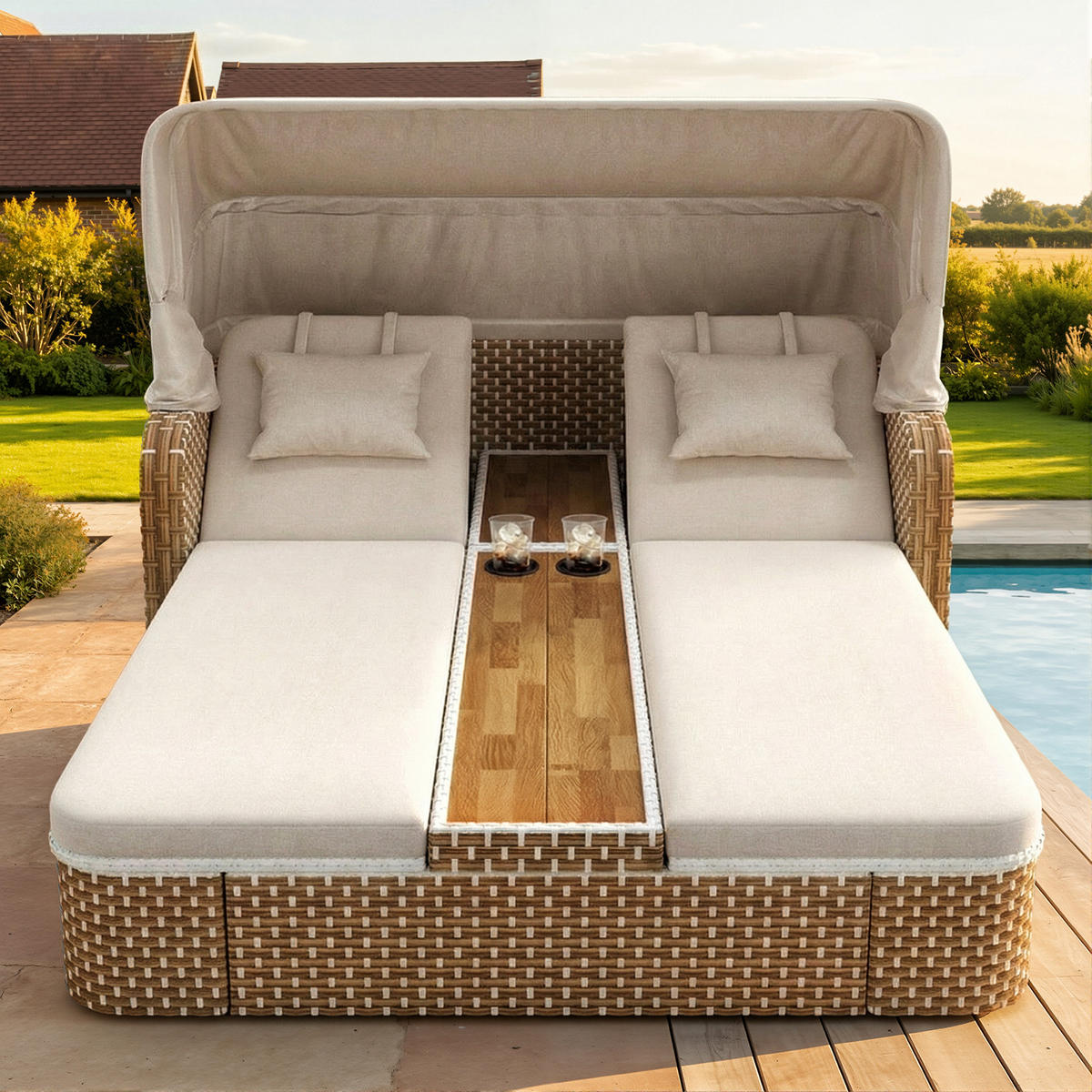 LOUNGESET Beige/Grau Mit Sonnenschutz & Pavillon - Beige, Metall (160/137/192cm) - FLIEKS
