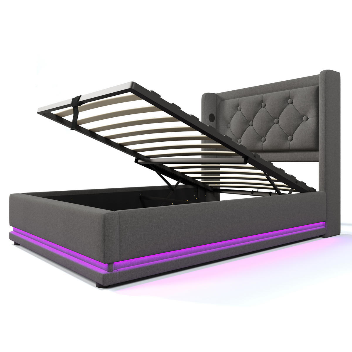 POLSTERBETT 90/200 cm Grau Baumwolle mit Stauraum und USB Typ-C-Anschluss - Grau, Textil (90/200cm) - OKWISH