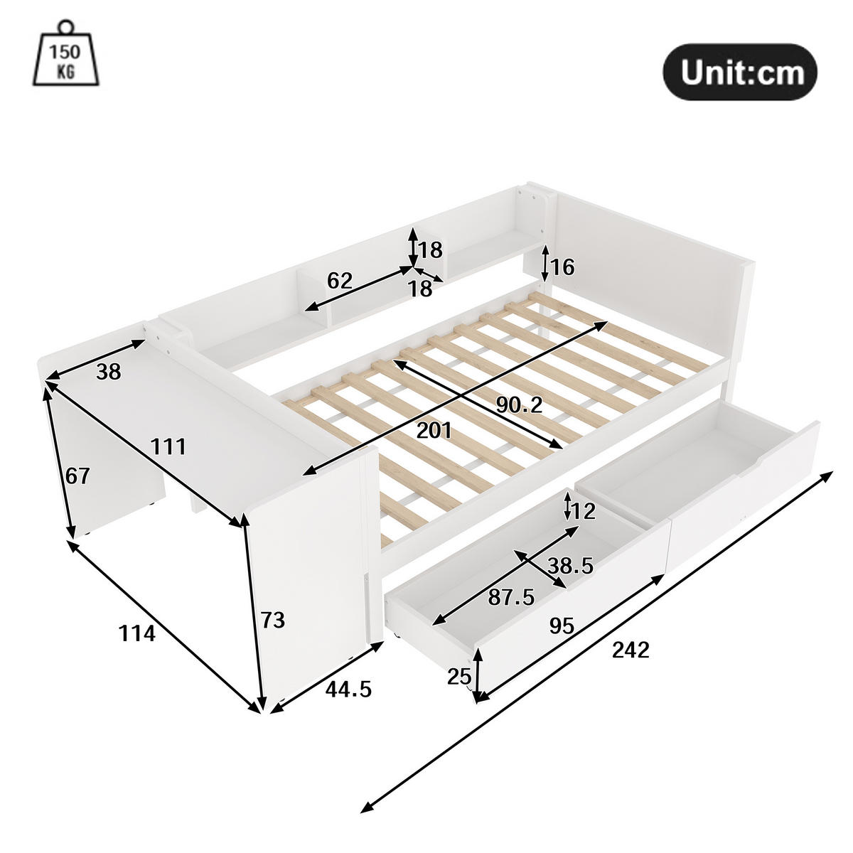 FLACHBETT 90x200cm Weiß Holz Schreibtisch 2 Schubladen Regale - Weiß, Holz (90/200cm) - FLIEKS