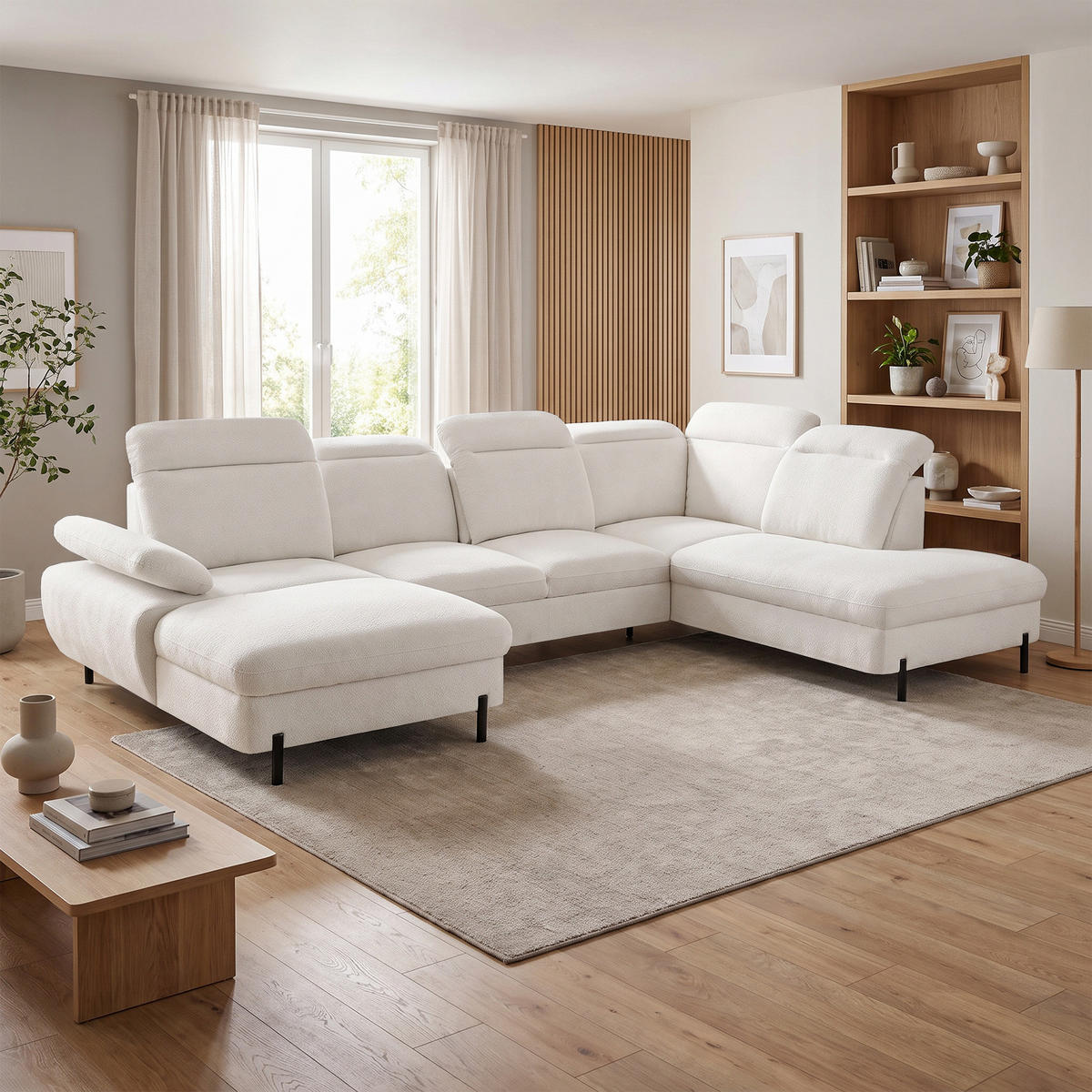SEDACÍ SOUPRAVA Sora U s funkcí spaní, nastavitelnou hloubkou sedu, opěrkami hlavy a područkou, 365 cm, světle béžová, levá - černá/béžová, textil (365/107/235cm) - Beautysofa