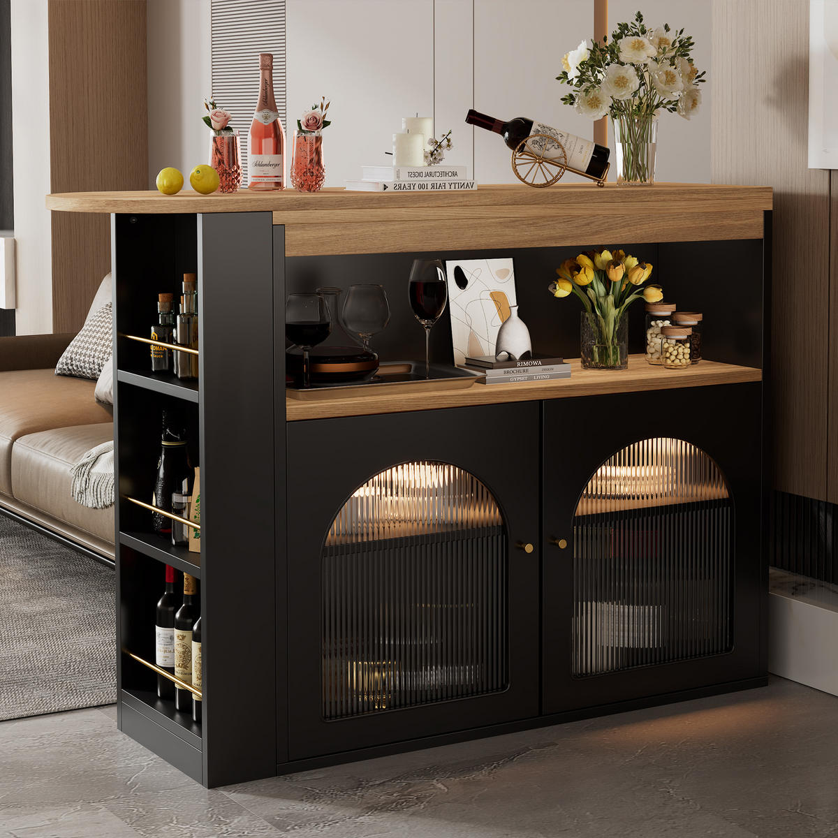 BARTISCH mit LED Beleuchtung, drehbarem Bar-Schrank mit dreistufigem Stauraum, Glasfront und ausziehbarer Stehtischfunktion, schwarz - Schwarz, Holzwerkstoff (193/39/105cm) - Luhomfu