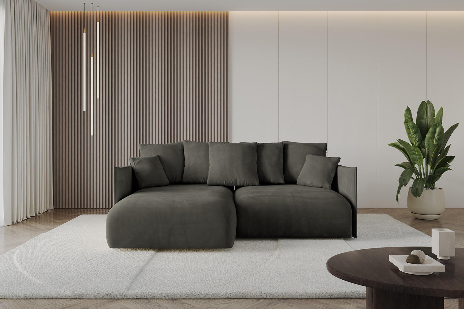 ECKSOFA mit Schlaffunktion und Bettkasten ONESK-L 208x165x40 Schwarz Velours - Schwarz, Holzwerkstoff/Kunststoff (208/165cm) - ALTDECOR