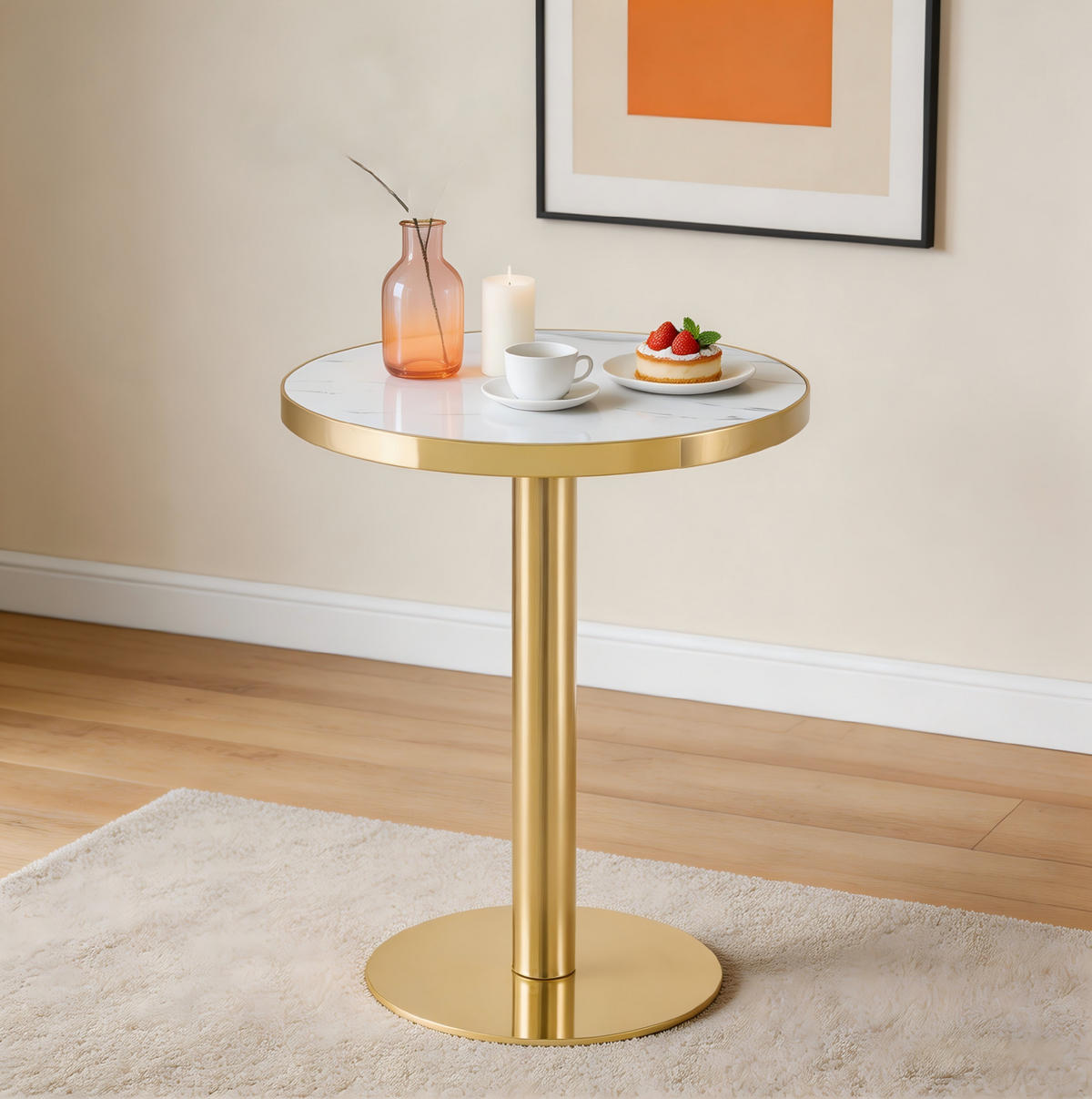 BARTISCH in Weiß|Goldfarben Beistelltisch mit Marmoroptik-Tischplatte und Edelstahlgestell, B60/T60/H74cm - Goldfarben/Weiß, Holzwerkstoff/Metall (60/60/74cm) - STILVORA