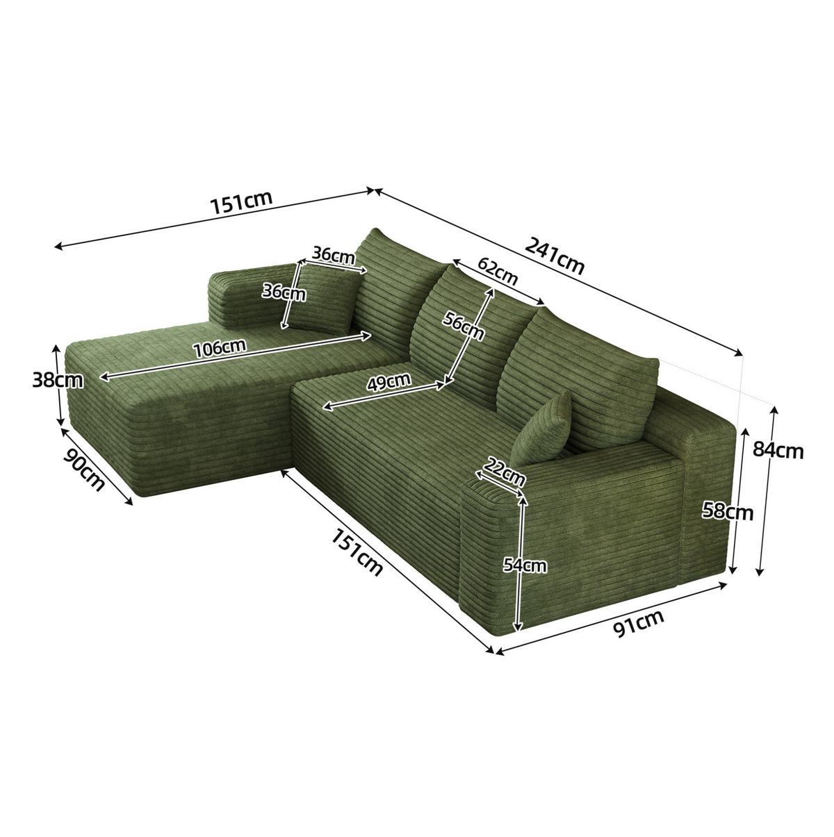 ECKSOFA 241 cm aus Stoff mit Cordbezug und Chaiselongue Grün - Grün, Textil (151/241cm) - Modenvie