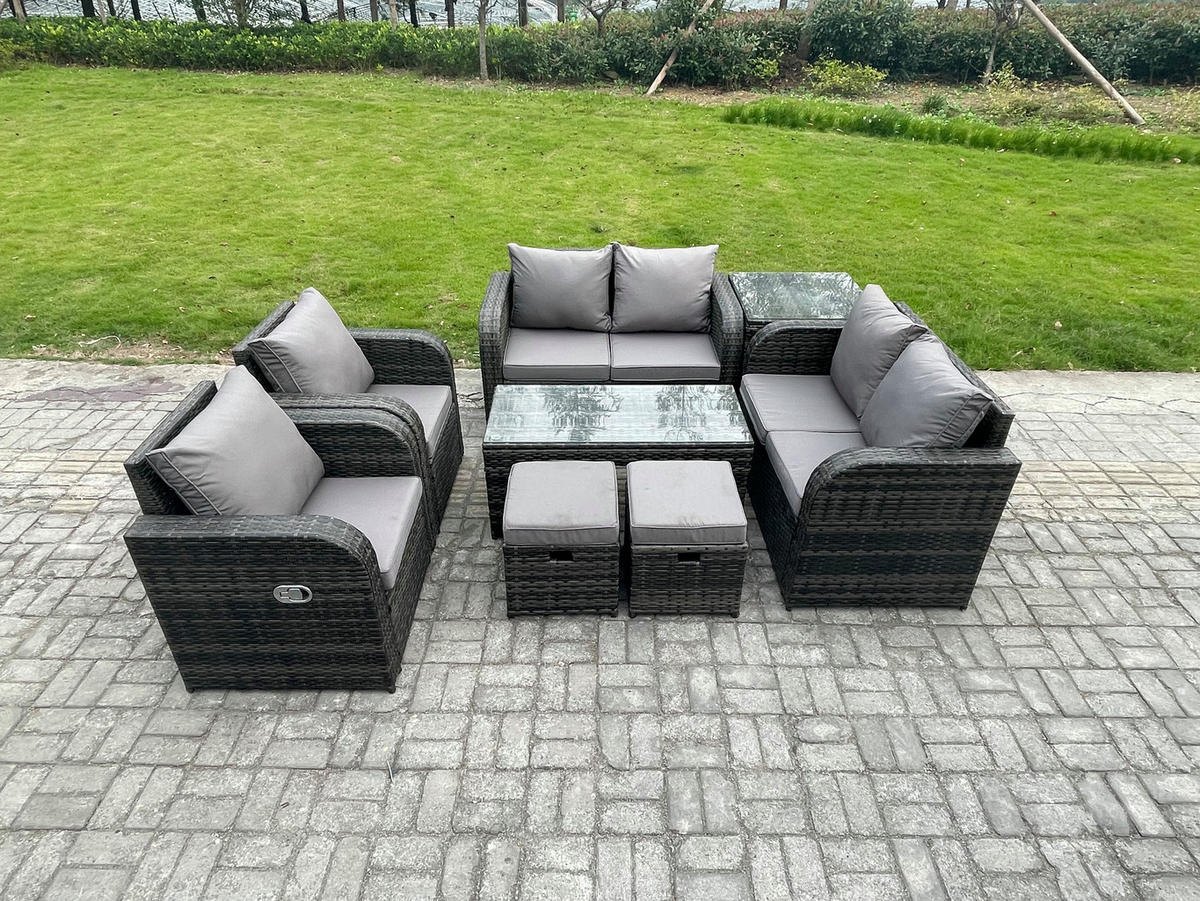 GARTENSOFA SET mit LIEGESTUHL Polyrattan 8-Sitzer Dunkelgrau - Dunkelgrau/Grau, Glas/Kunststoff - Fimous
