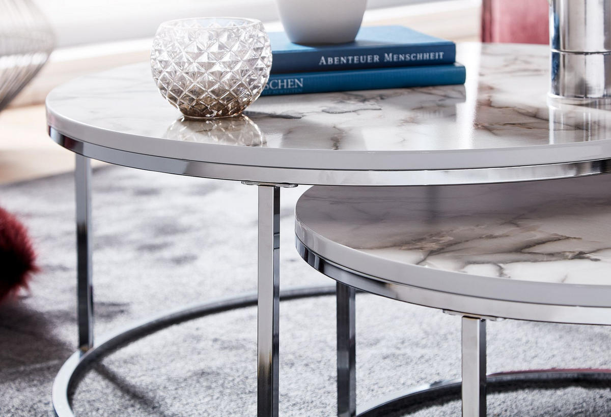 COUCHTISCH 2er Set Marmoroptik Metall Eichenholz Ineinanderschiebbar, Silber 80x80x36 cm - Silberfarben, Holz/Metall (80/80/36cm) - KADIMA DESIGN