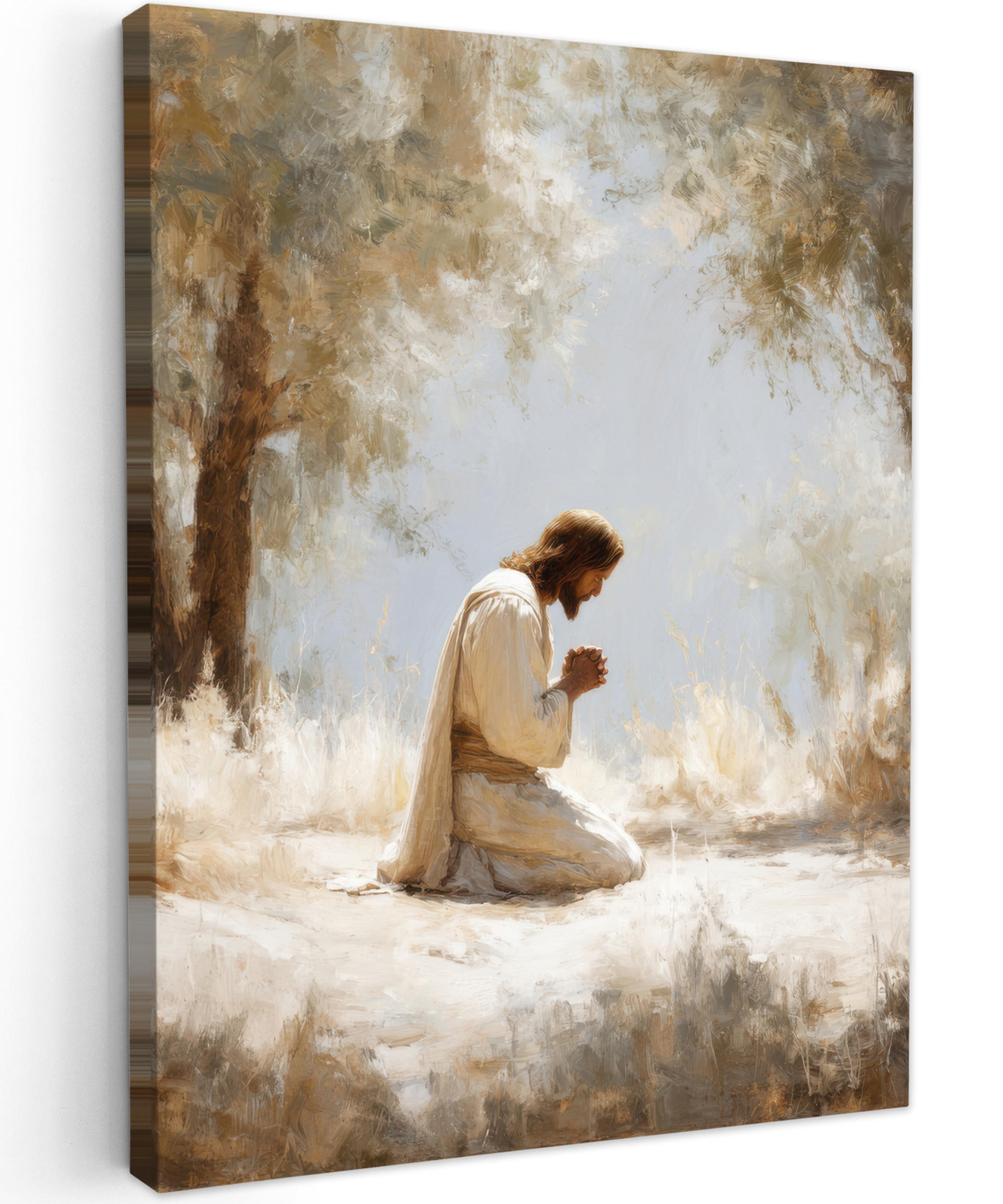 LEINWANDBILD Jesus - Kniend - Waldlandschaft - Betend Wandbild Wohnzimmer 60x80 cm - Beige/Hellblau, Textil (60/80cm) - MuchoWow