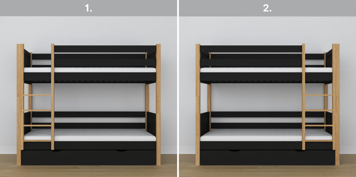 ETAGENBETT N02 mit Schublade Schwarz / Eiche Natur 80/180 - Schwarz/Eiche Artisan, Naturmaterialien/Holz (80/180cm) - N-Wood