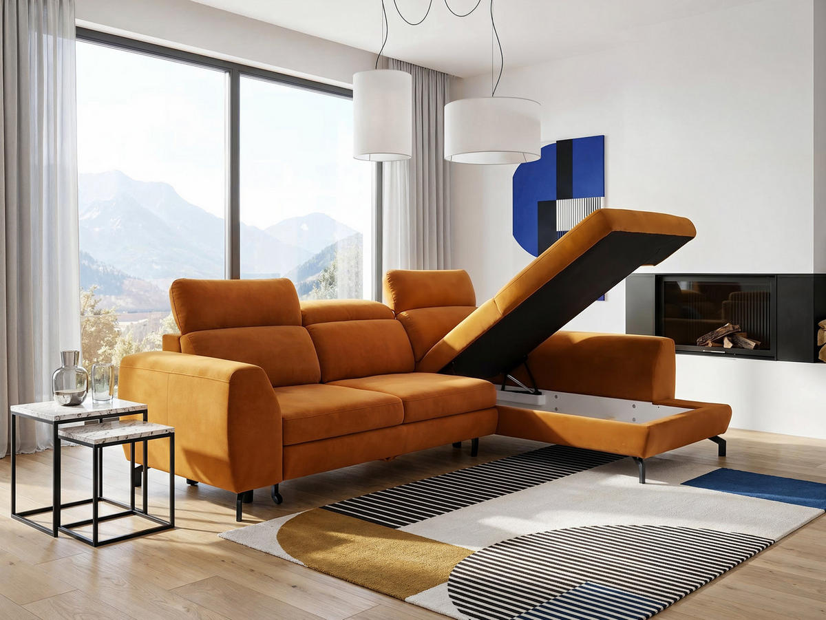 ECKSOFA ANTE Rechts, mit Schlaffunktion und Bettkasten, Senfgelb - Currygelb, Textil/Metall (266/184cm) - Idohome
