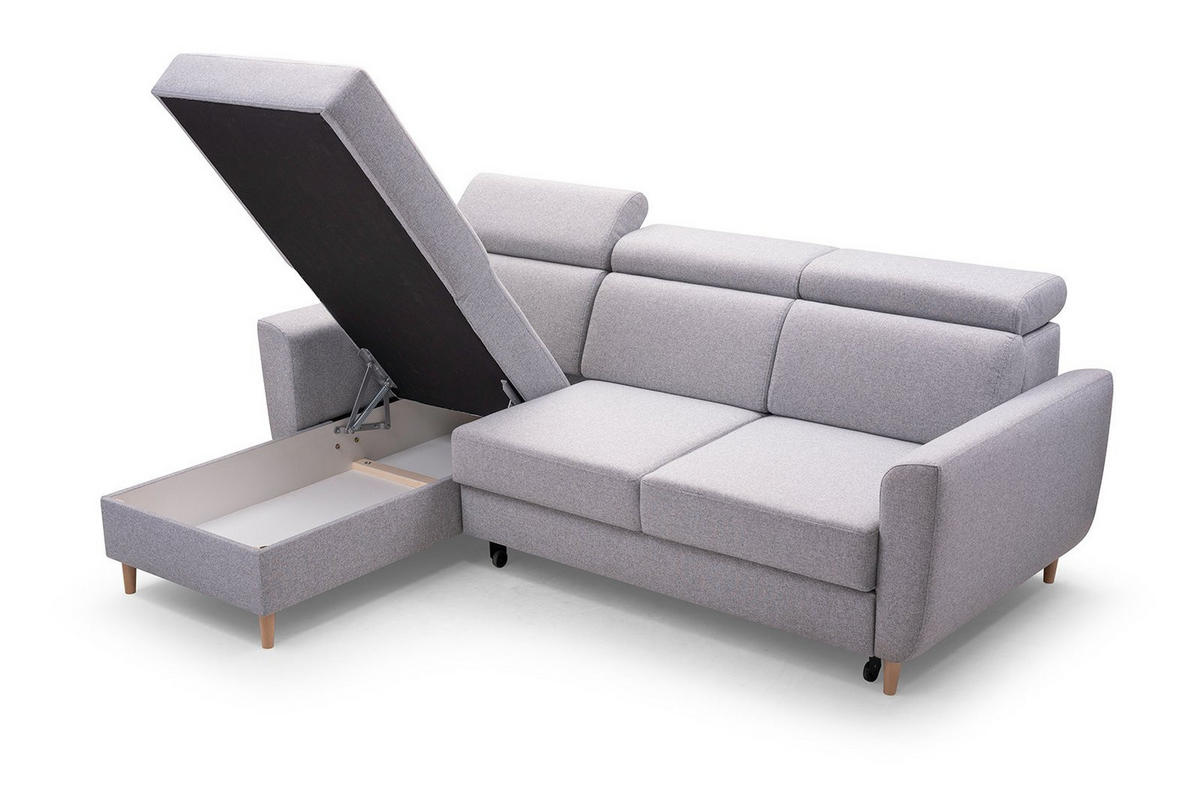 ECKSOFA SAPORE Grau Geflochtener Stoff mit Schlaffunktion - Grau, Holz (235/170cm) - MASSENO