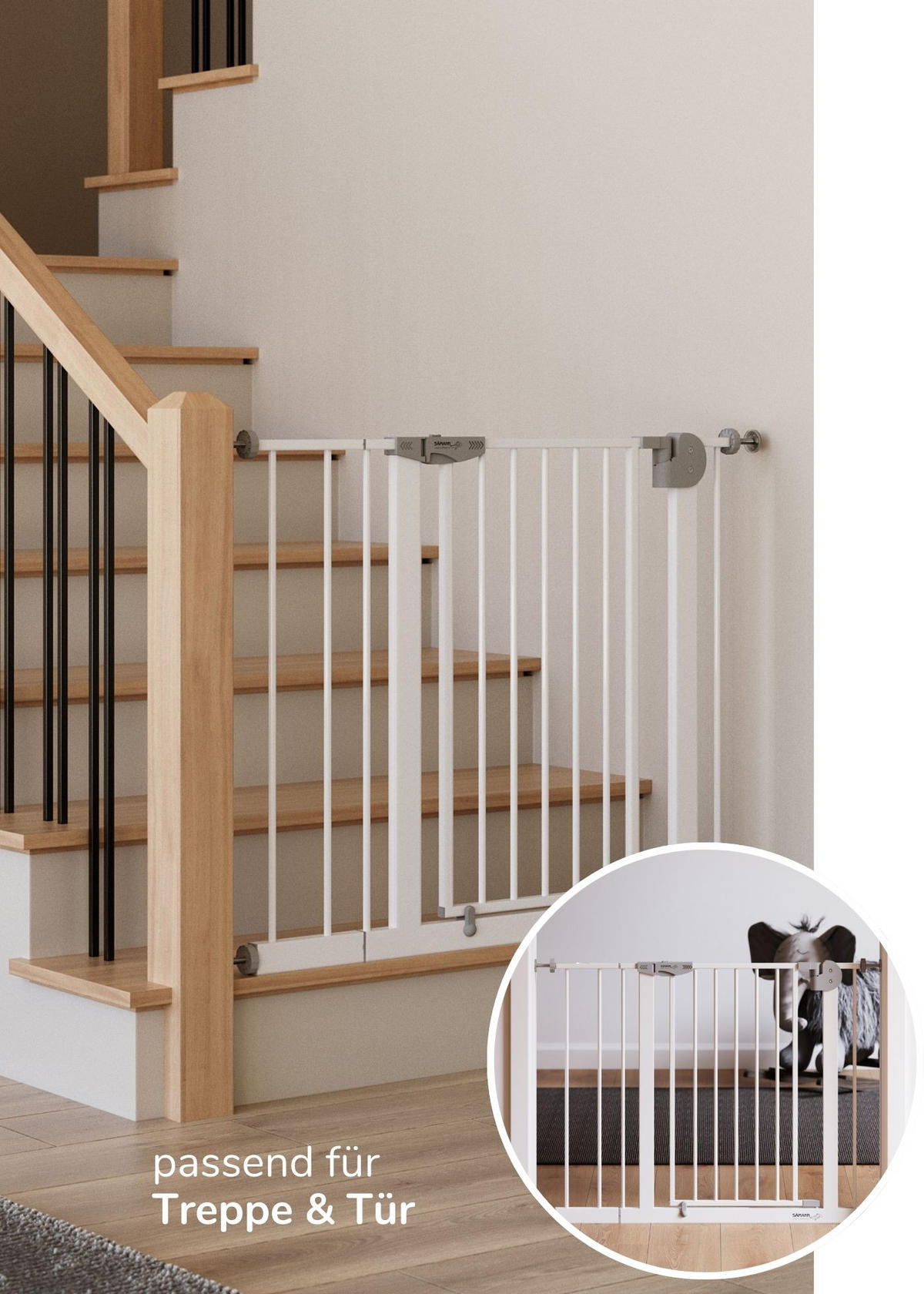 TÜRSCHUTZGITTER & Treppenschutz mit 4x Elefantenfuß, Tür mit 90° Stop, ohne Bohren 88-99 cm - Weiß, Metall (99/5cm) - Sämann – make a difference.