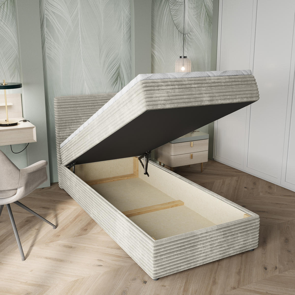 BOXBETT PISA 90 90x200 cm mit Matratze und Topper, H2+H3 - Hellgrau - Hellgrau, Holz (90/200cm) - MASSENO